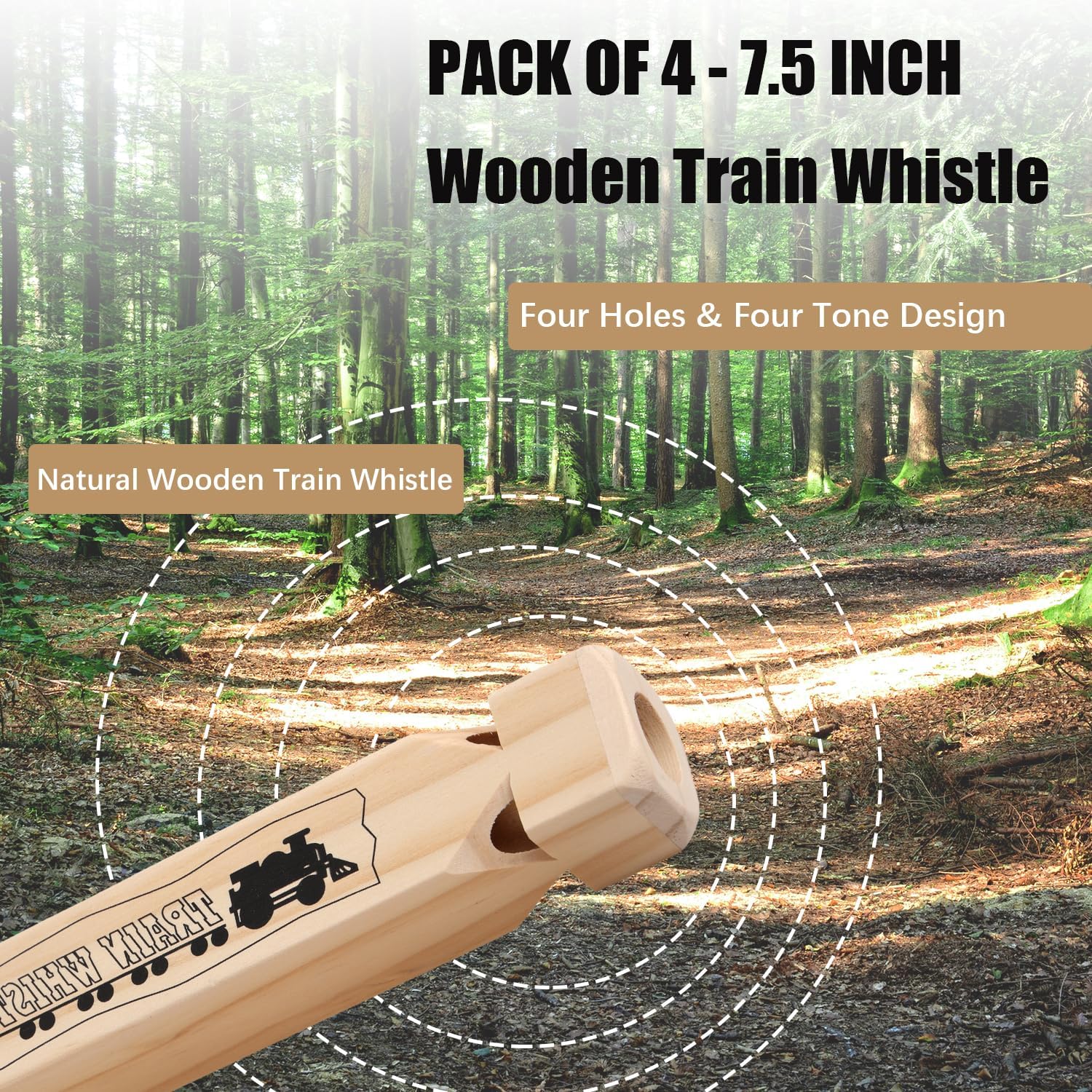 4PCS Wooden Train Whistles - 4 Tone 7.5" Large Wood Whistle, Trains Party Favors, Game Prizes, Theme Birthday Decorations, Noisemakers for Parties Carnival Prize Games Cheering Prop or Educational