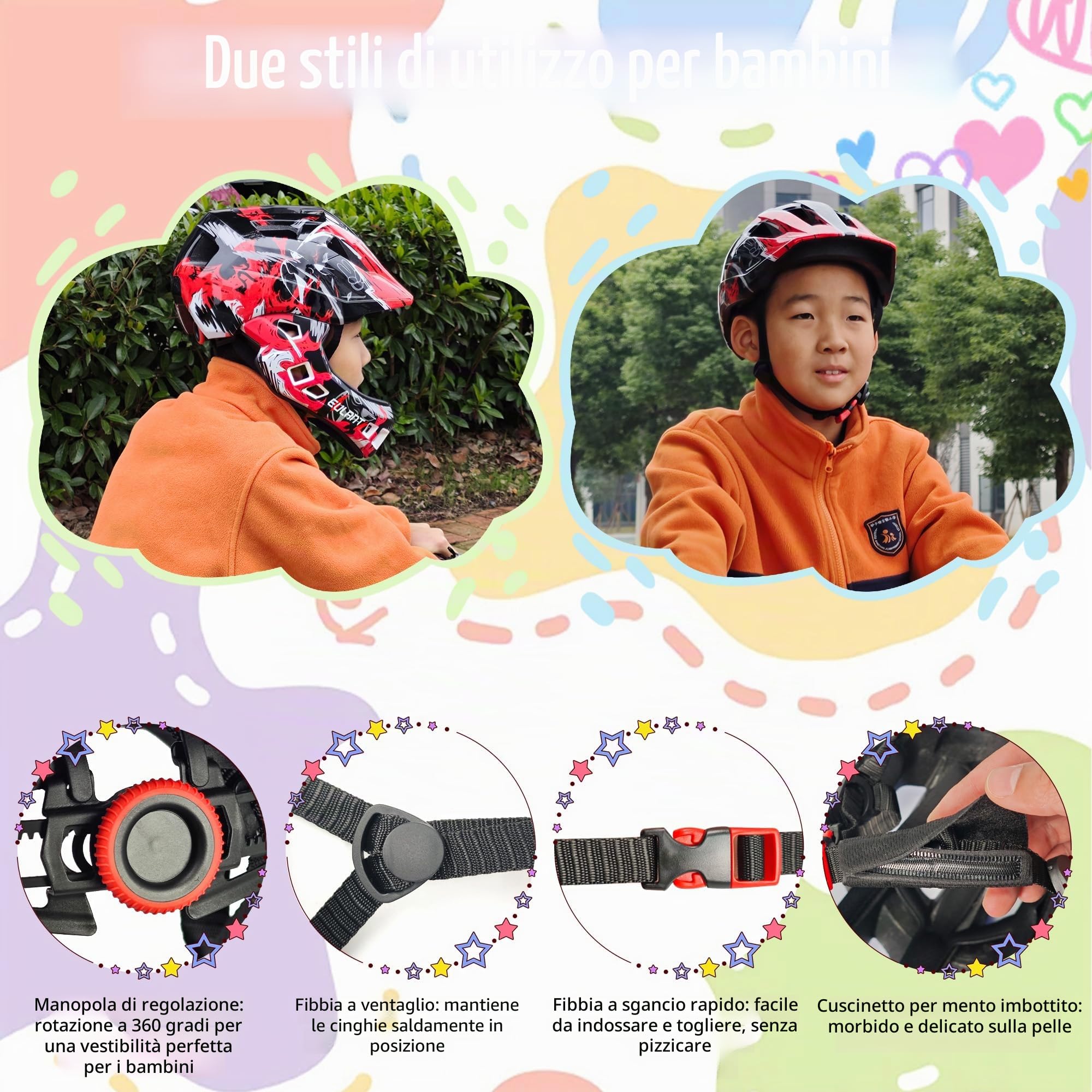 EULANT Casco da Bici per Ragazzi e Ragazze, Casco Integrale con Protezione per Mento, per Bici BMX MTB Downhill Motocross Scooter, per Bambini dai 5-10 Anni (Dimensione della Testa 52-56cm)