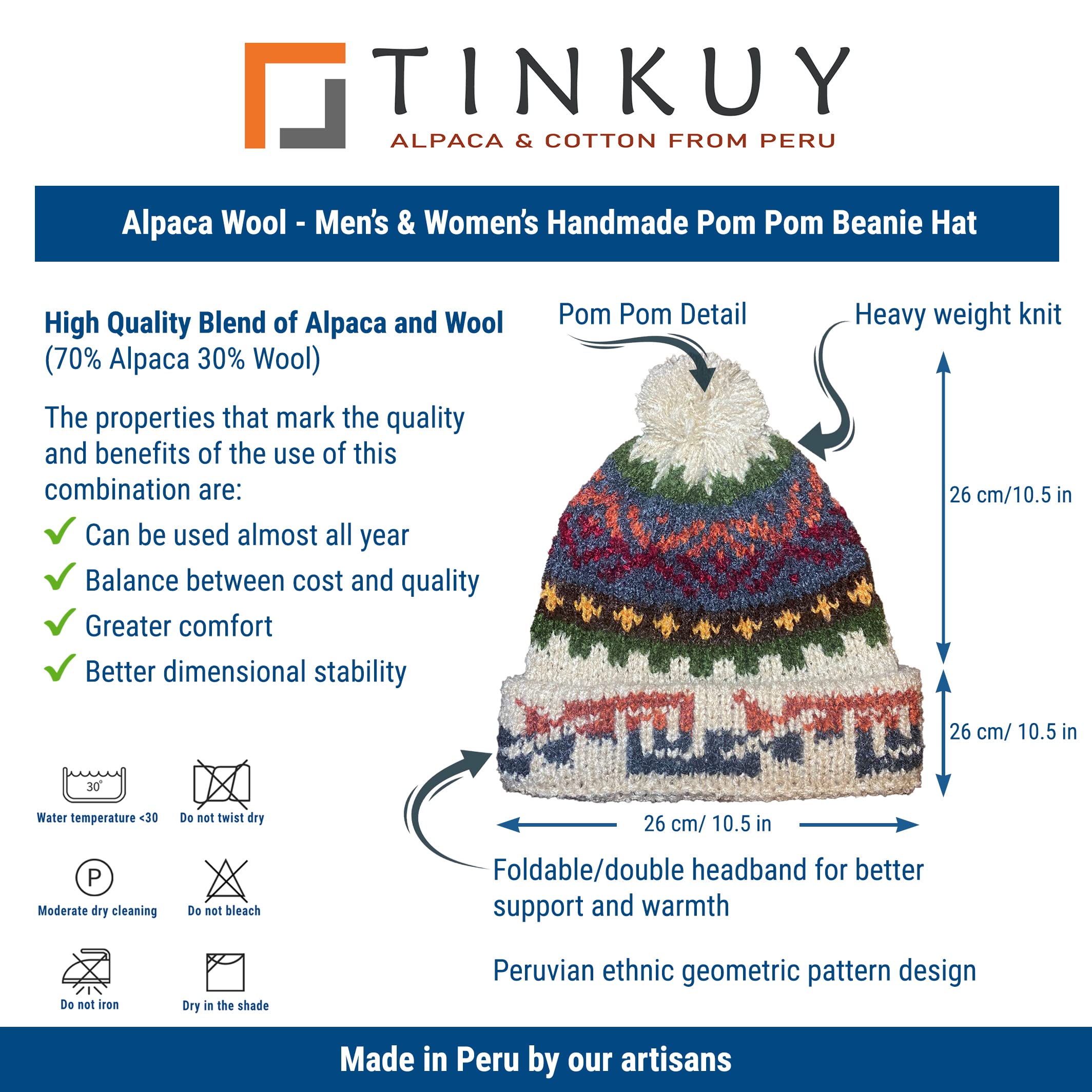 TINKUY Peru – Peruanische Alpakawolle – Herren und Damen handgefertigte Pom Pom Beanie Mütze – beige