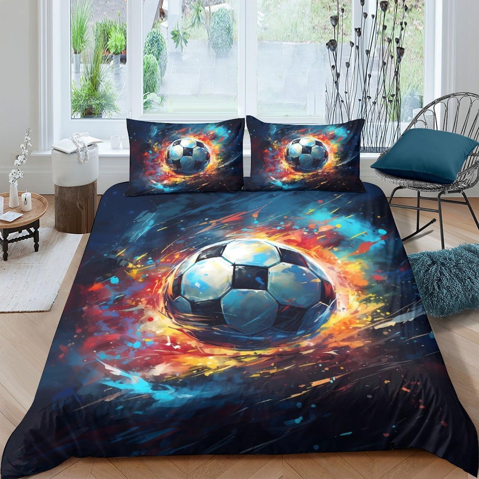 Ctjqhvkz Style-2 3D Printed Fiery Soccer Ball Fitted Sheet Microfiber Soft Breathable Galaxy Mattress Cover For Bedroom Decor Single（135X200cm）