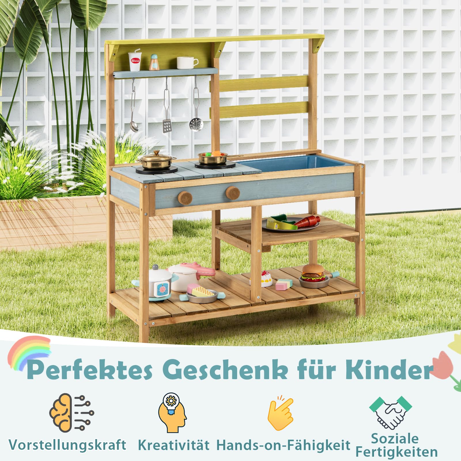 GOPLUS Matschküche Kinder Outdoor, Spielküche aus Holz mit Abnehmbarer Spüle & 3 Haken zum Aufhängen, Kinderküche mit Stauraum für den Garten, für Jungen & Mädchen ab 3 Jahren (Natur)