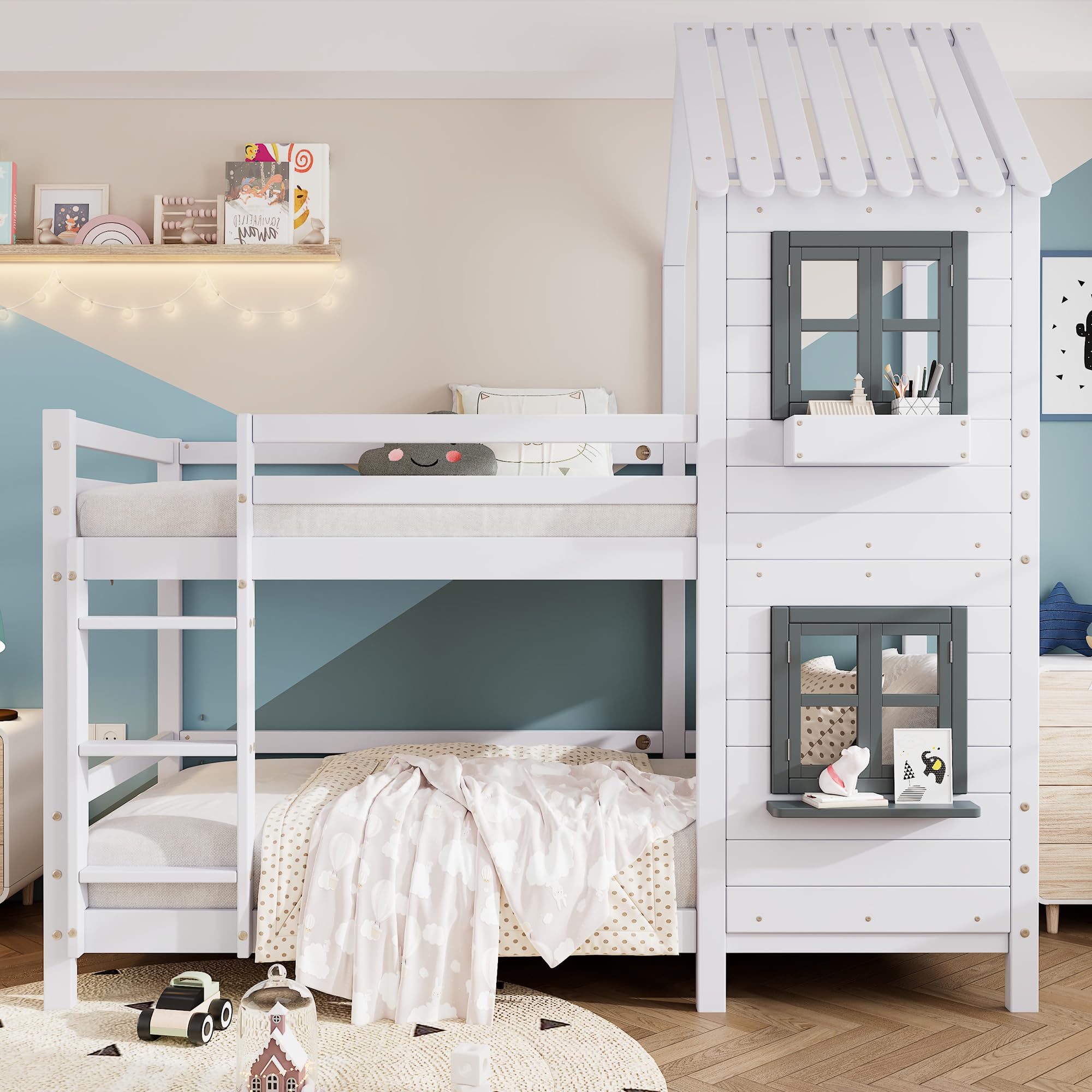 Letto a castello con corrimano e finestra, 90 x 200 cm, con protezione anticaduta e griglia, telaio in legno di pino