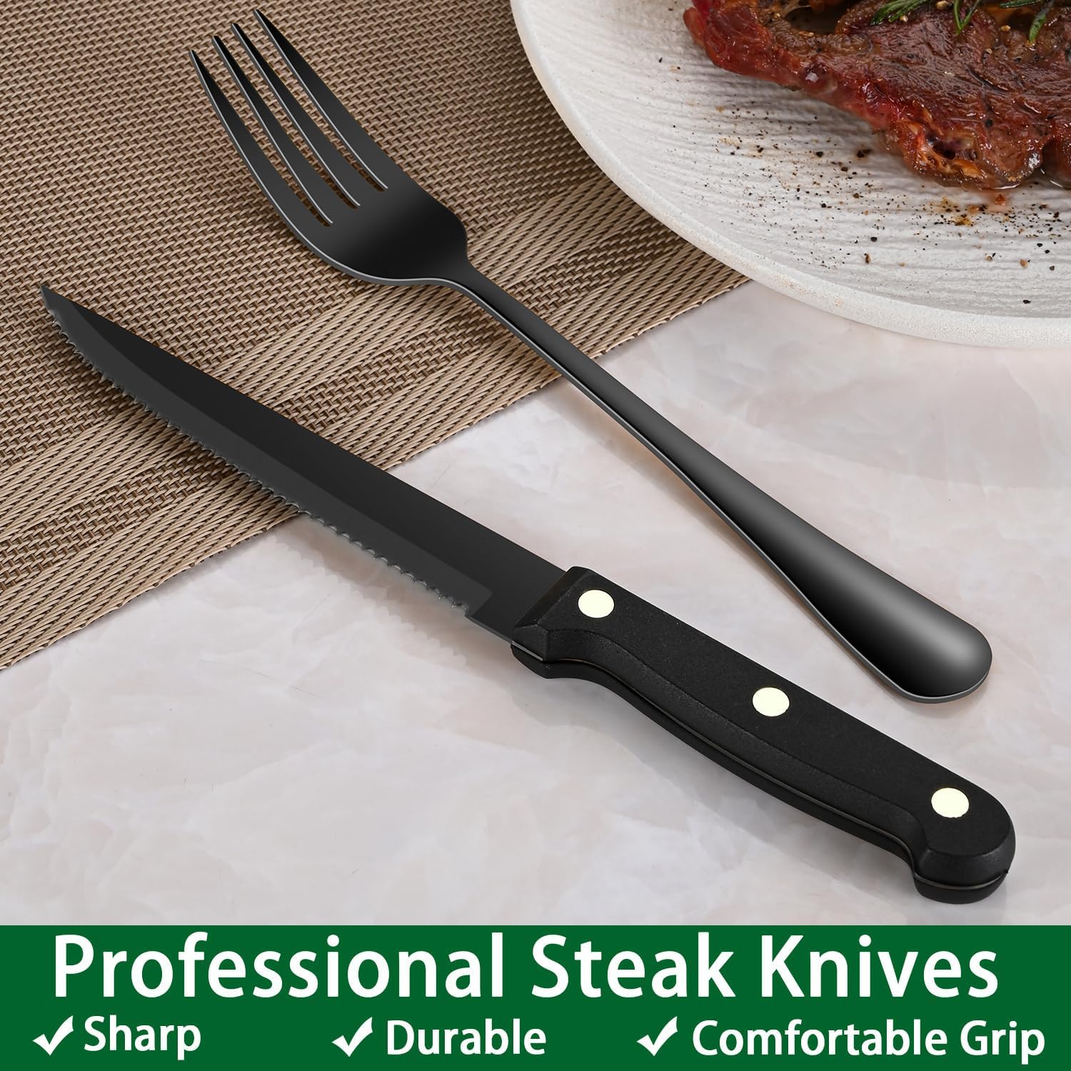 Black 49 Pieces Stainless Steel Flatware Sets With Organizer,Black Silverware Sets With Steak Knives Service For 8,Black Tableware Cutlery Sets For Home Kitchen