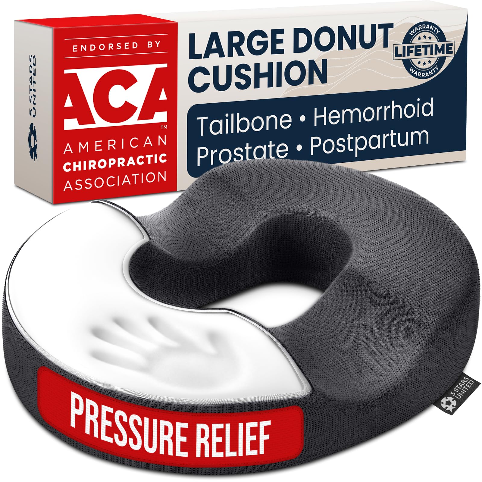 5 STARS UNITED Cojín de donut para hemorroides, cojín de coxis, gran cojín para aliviar el dolor, coxis, próstata, ciática, suelo pélvico, úlceras por presión, embarazo, recuperación posparto