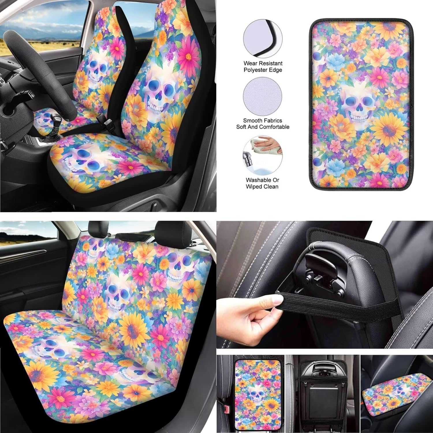 Sugar Skull Flower 13 Print Auto Seat Protector Full Set, Sunflower Skeleton Steering Wheel Cover, Mexico Day of Dead Flowers Car Seat Protectors Cup Holder Pad
