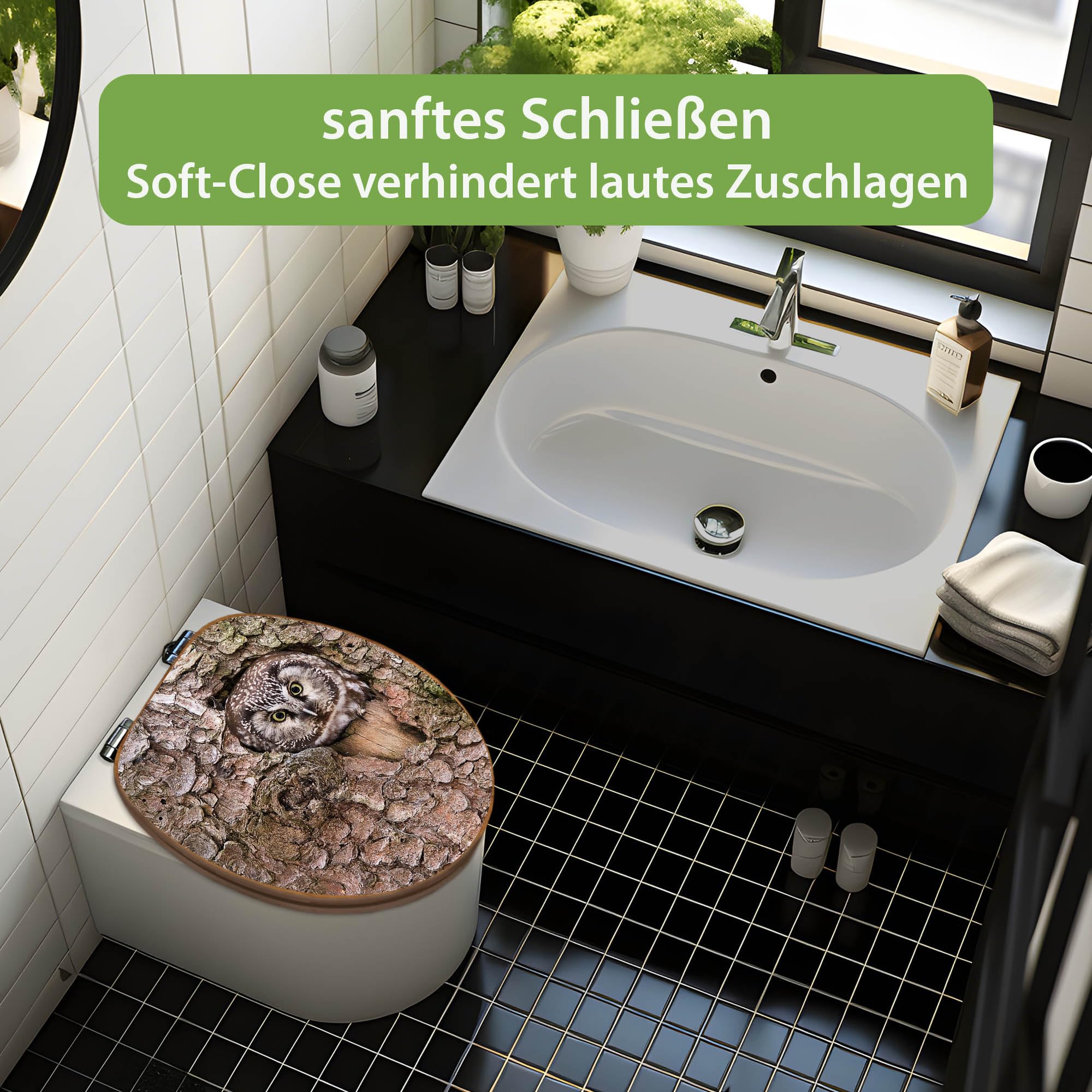 banjado Design WC Sitz Bambus Absenkautomatik 45,8x37,5cm - Toilettendeckel mit Absenkautomatik Holz - hochwertiger Bambus Klodeckel - WC-Sitz für gängigen Toiletten - Motiv Eule