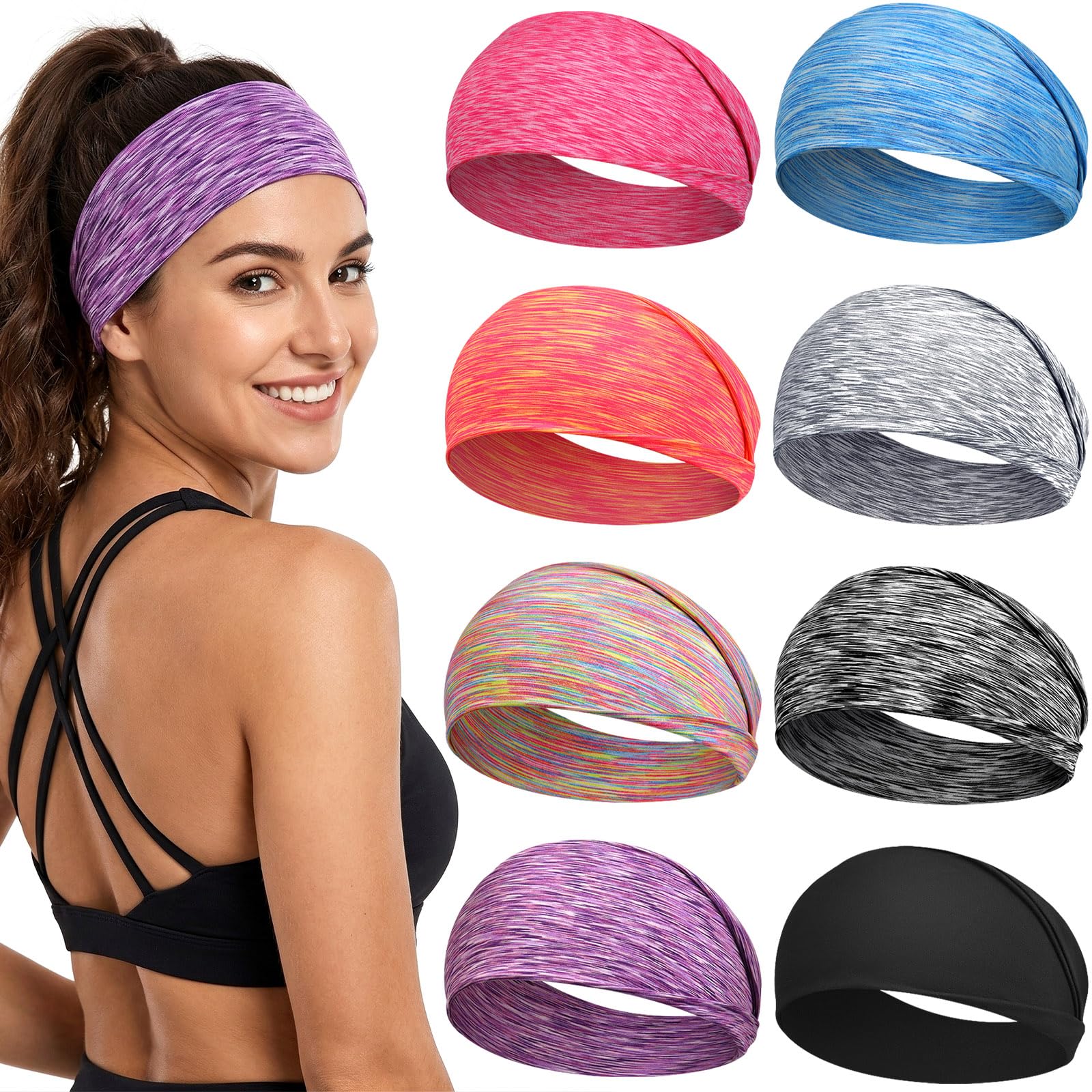 Awumbuk Headbands for Women, 8 Pack Non-Slip Moisture Wicking Sports Wide Head Bands, Stretchy Elastic Fabric, Multiple Colors Securing Hair for Fashion, Sports, Yoga, Running, Daily Life-image-32