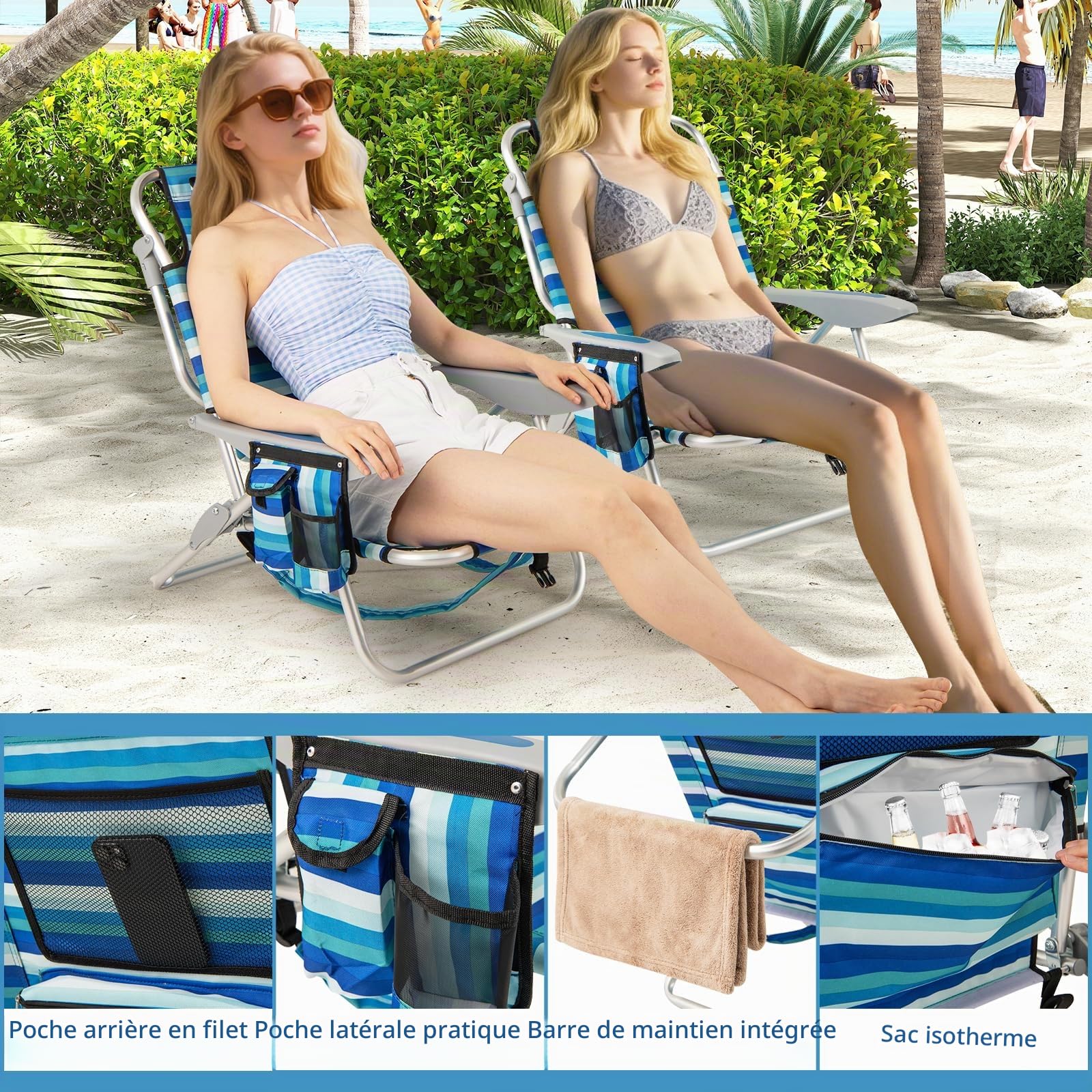 KOMFOTTEU Chaises de Plage Pliables, Dossier réglable en 4 Positions, Fauteil de Plage avec Appui-tête, Chaise de Camping avec Poches latérales & Porte-Serviette, Charge de 150 kg, Bleu (1)