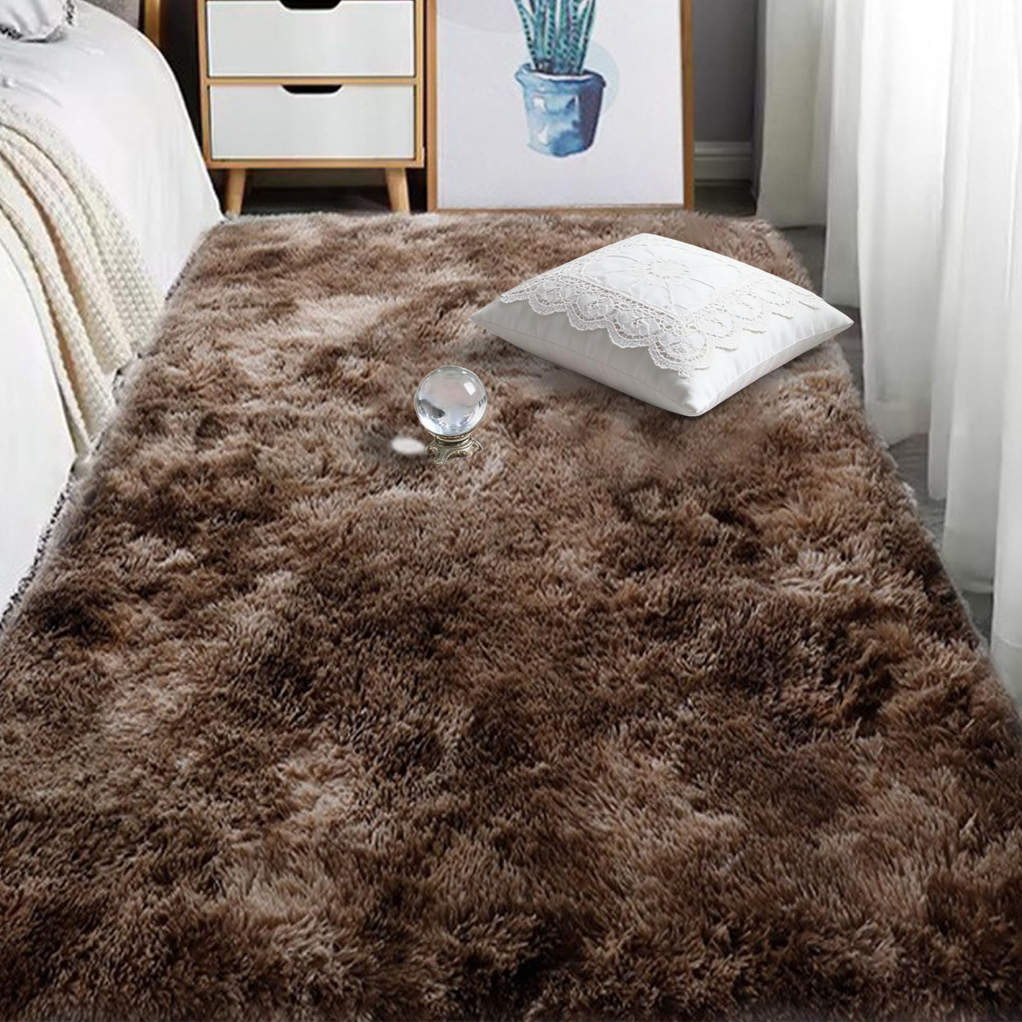 Tapis de chambre doux pelucheux 220 x 260 cm design shaggy moderne marron