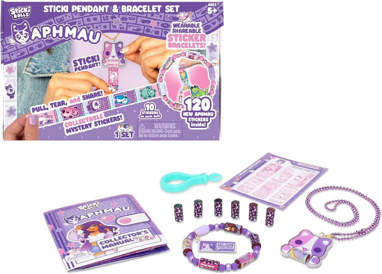 Sticki Rolls x Aphmau Toy Pendant & Bracelet Set – The Original Wearable Shareable Stickers with Toy Jewelry and Collector’s Page – Limited Edition – Purple Pink Cat | Pink Purple Cat, 120 Foil Holographic Stickers, Restickable, Wearable Toy Jewelry, Limited Edition