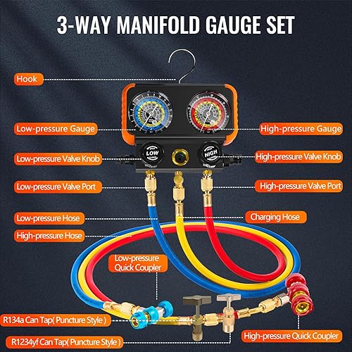 Miniatura 5 de R1234yf Juego de bomba de vacío y medidor de CA, kit de manómetro de bomba de vacío de 4.5CFM para HVAC automático compatible con R1234yf, R404a,