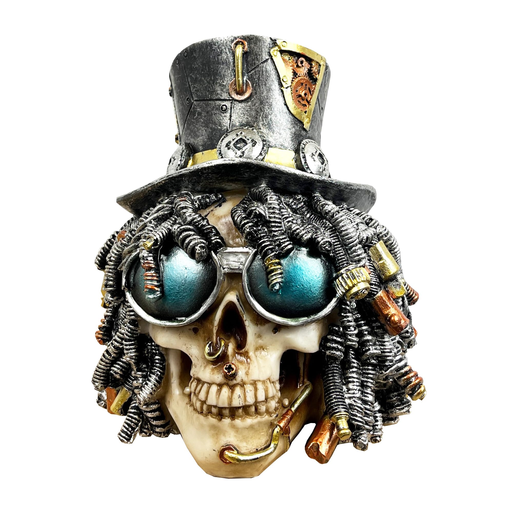 Alfie Francis 17.5cm Tall Steampunk Skull Ornament Top Hat Dreadlocks Industrial Gothic Home Decor