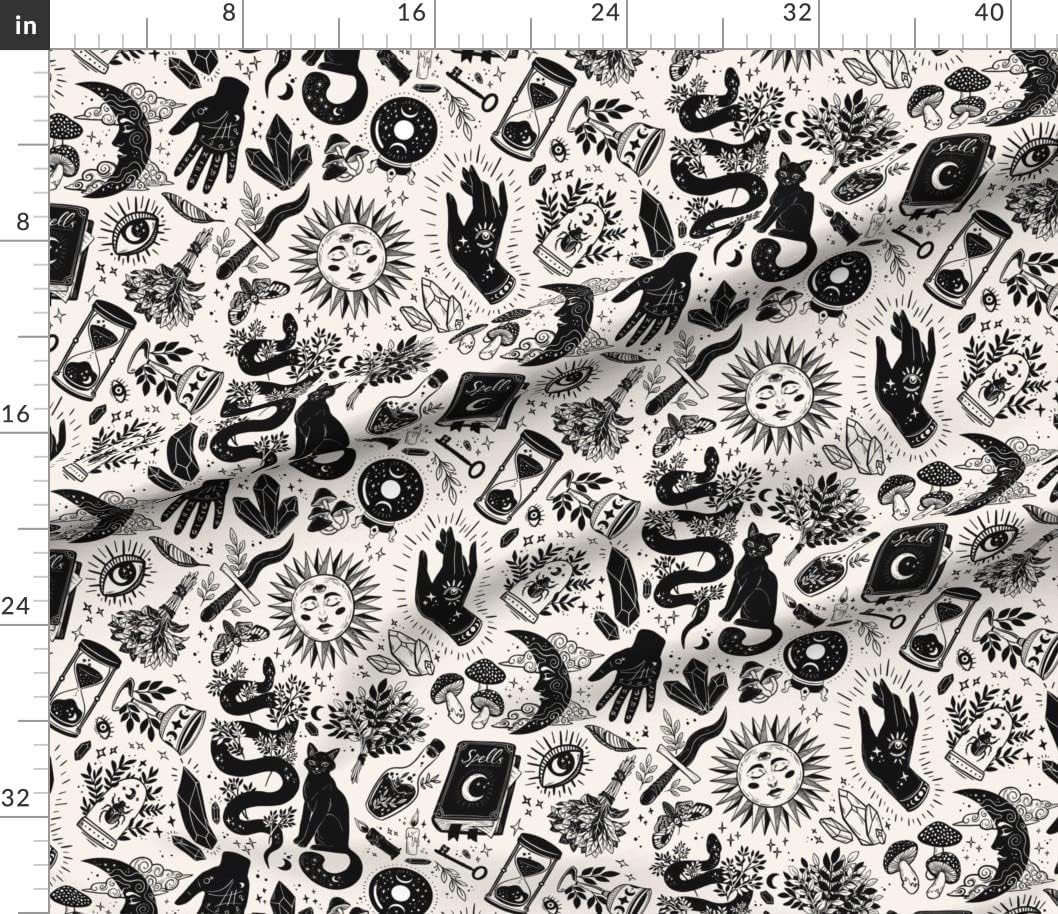 Spoonflower Fabric - Witch Magic Goth Witchcraft Crystals Black Cat Palm Moon Eye Celestial Printed on Petal Signature Cotton Fabric by The Yard - Sewing Quilting Apparel Crafts Decor