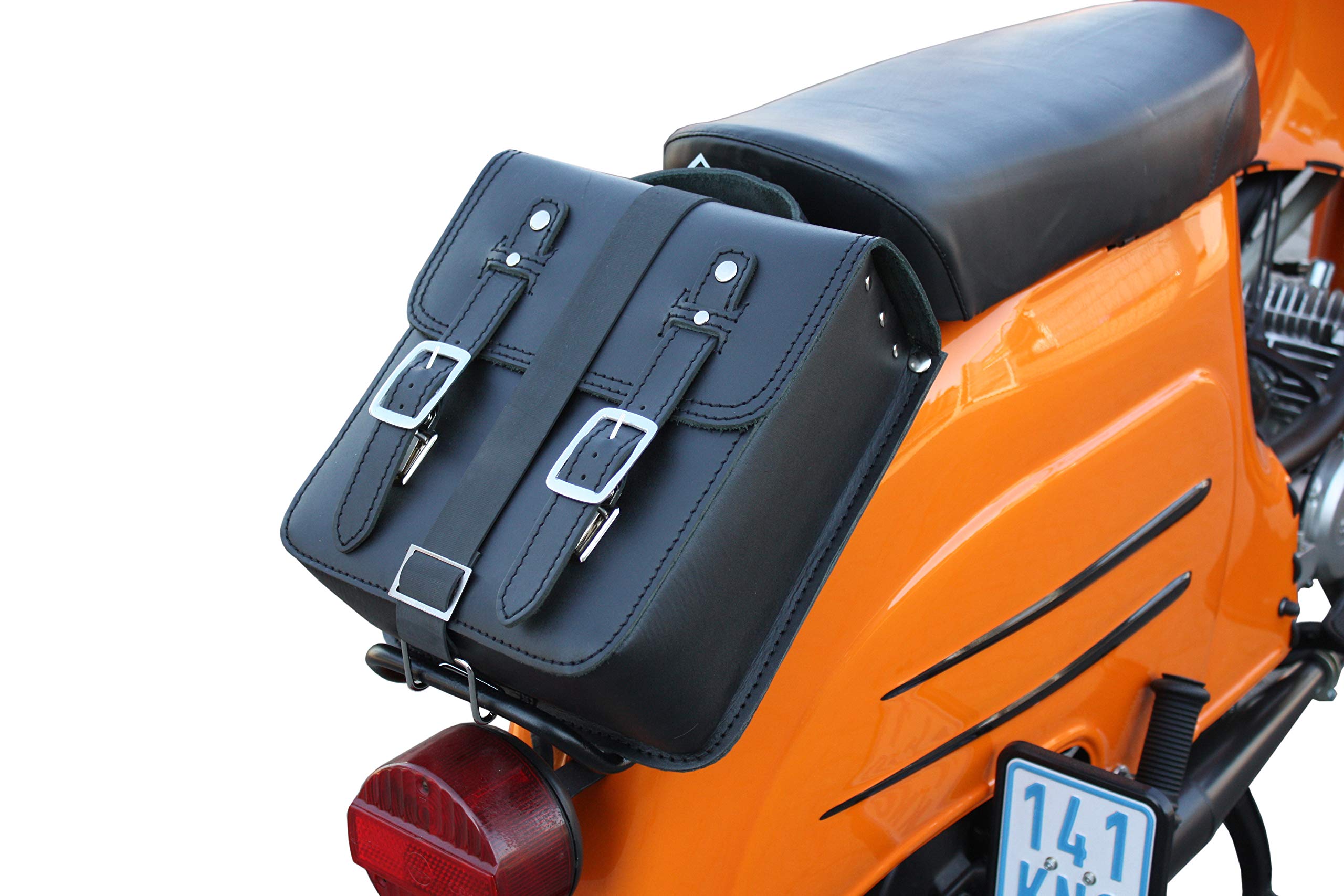 generisch made4bikers Set Leder Lenkertasche und Hecktasche mit Schnellverschluss in Schwarz Tasche für Simson Schwalbe Sperber Star Spatz KR50 KR51 SR4