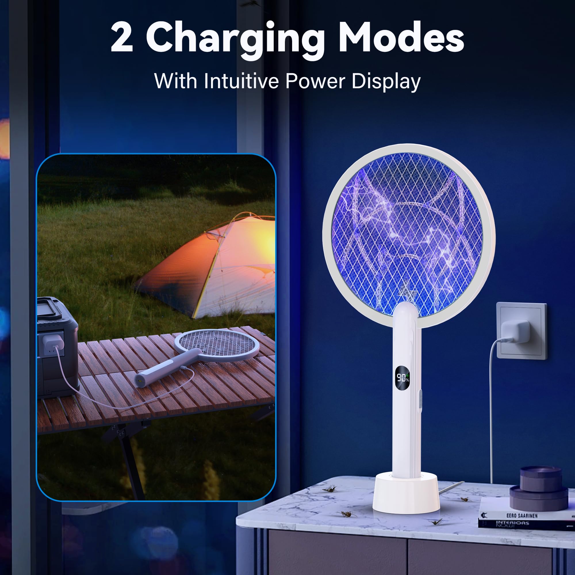 Nymrix Raqueta eléctrica matamoscas 2 en 1, matamosquitos de 4100 V, matamosquitos de mano con batería recargable de 1800 mAh, luz púrpura y malla de seguridad de 3 capas para interiores y exteriores
