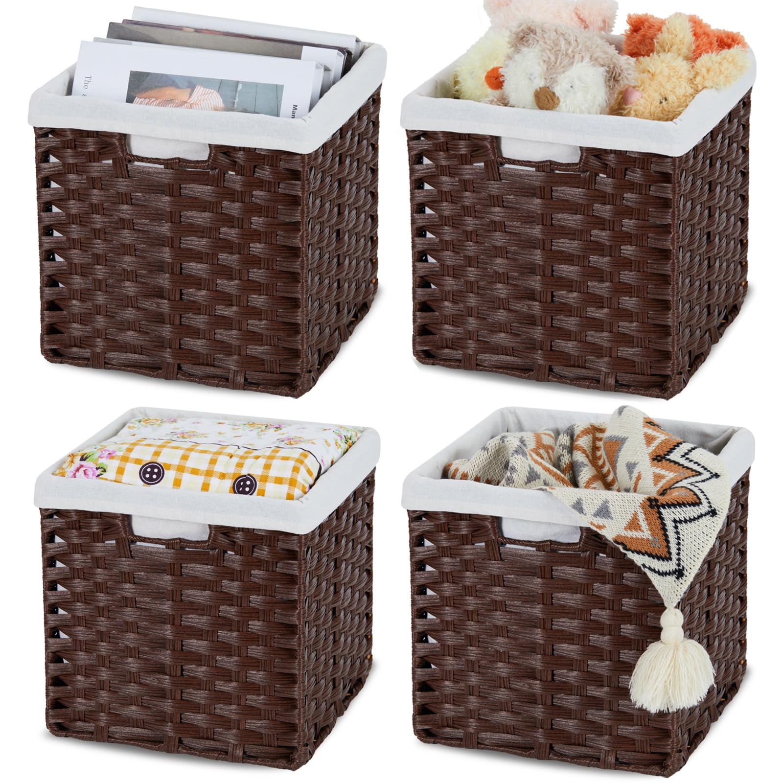 Bidtakay Wicker Cube Storage Bins with Liners 11x11 inch Woven Baskets for Organizing 4-Pack Waterproof Imitation Rattan Woven Cube Organizer with