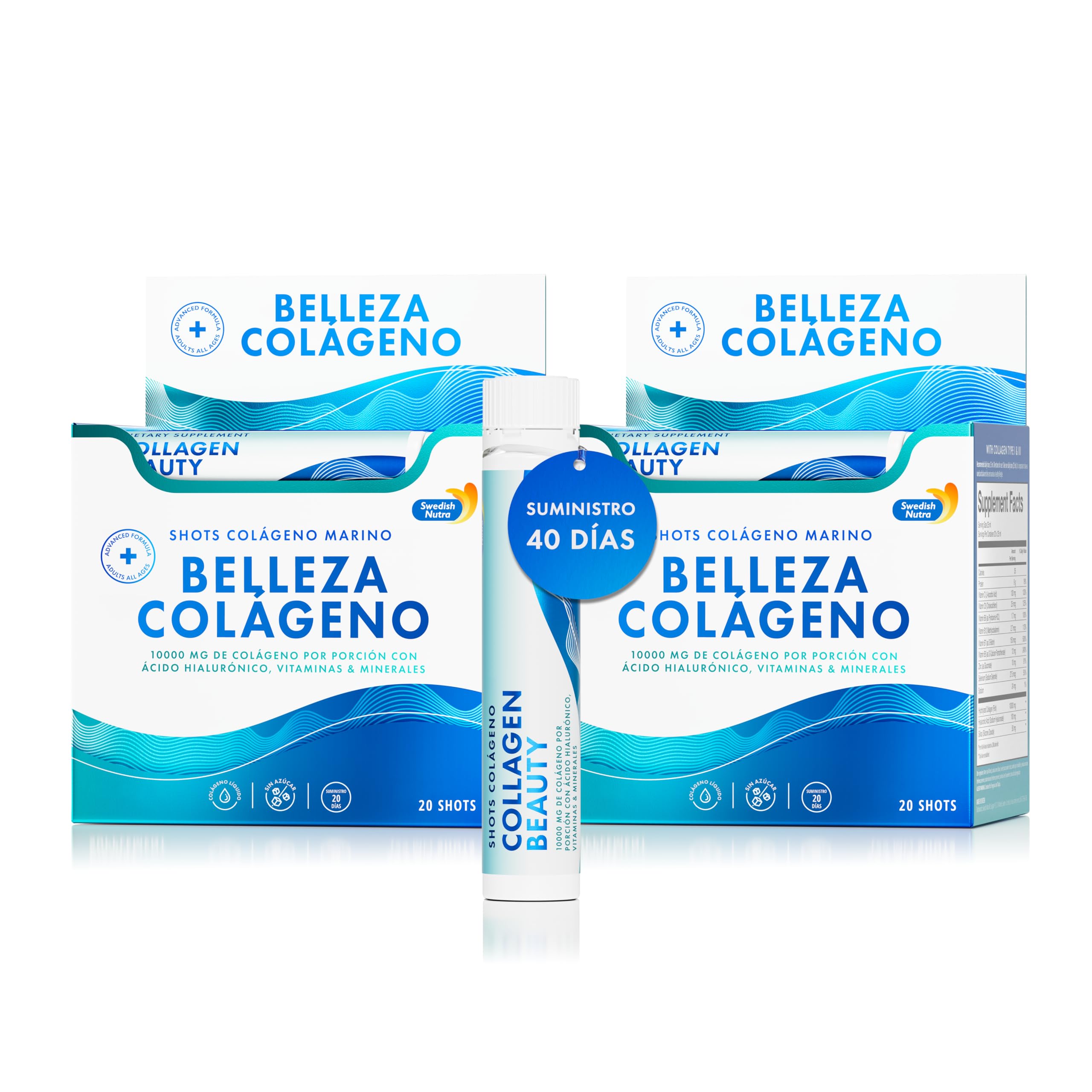 Swedish Nutra - Collagen Beauty | Suplemento líquido de colágeno marino hidrolizado de 10 000 mg - 40 dosis diarias de 25 ml | Ácido hialurónico y vitamina C para cabello, piel, uñas y