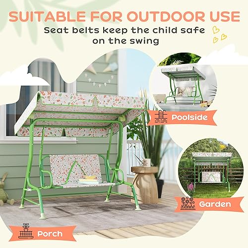 Miniatura 5 de Qaba Columpio de patio para niños, 2 plazas para porche al aire libre con toldo ajustable, cinturón de seguridad, banco colgante con patrón de zorro