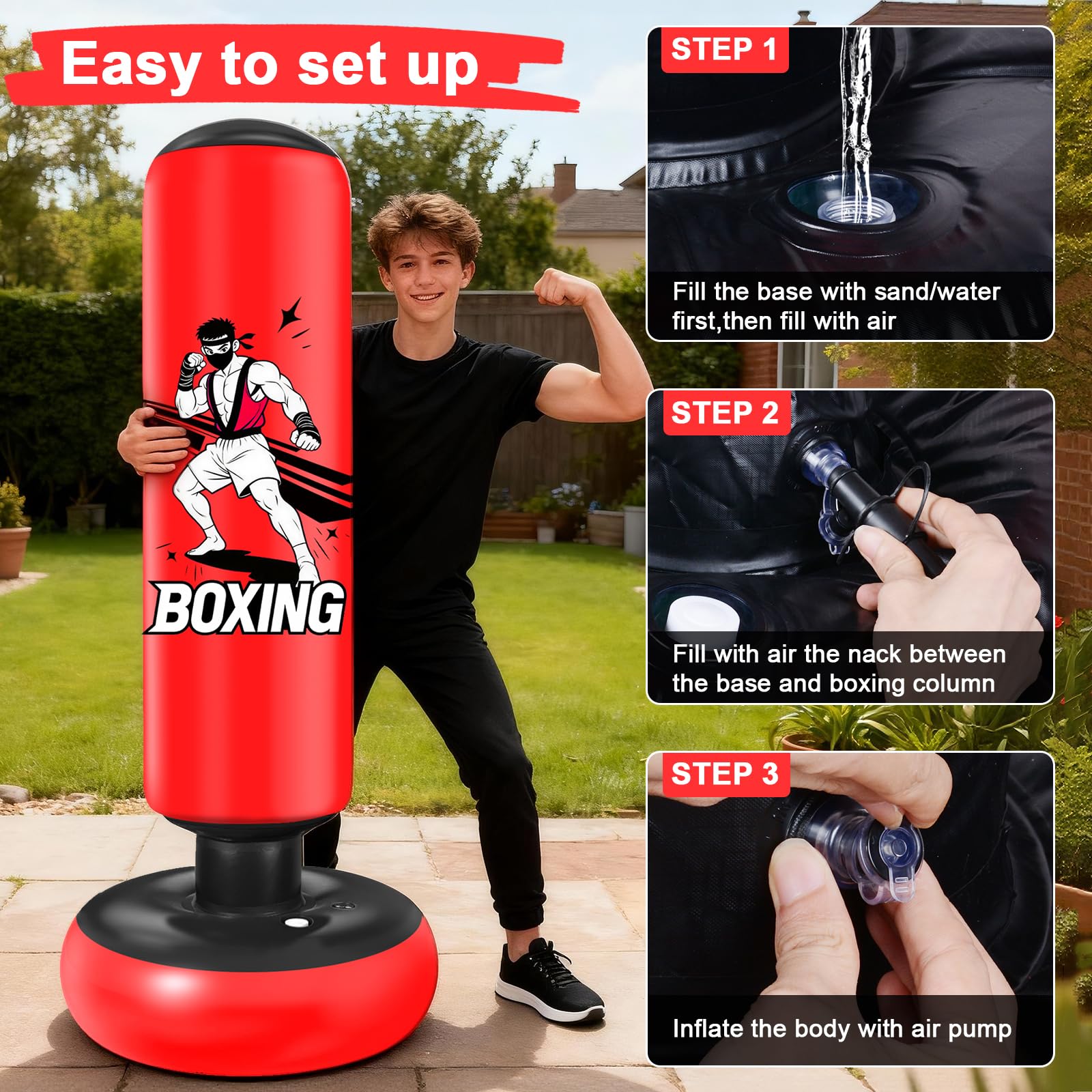 Saco de Boxeo de Pie, 168 cm Saco Boxeo Niños, Inflable Bolsa De Boxe con Guantes y Bomba para Practicar MMA Karate Taekwondo Punching Ball para 5-18 Niños Adolescentes