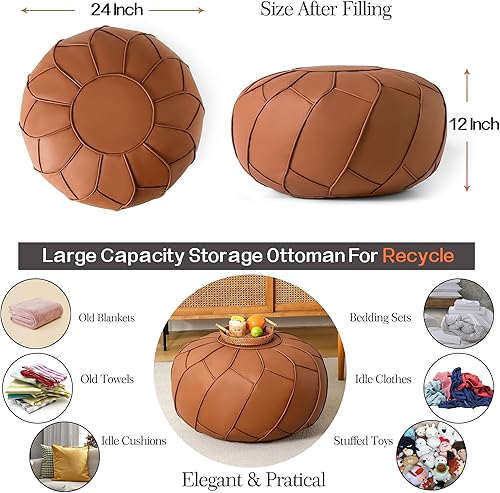 Miniatura 2 de Camkinger Puf otomano sin relleno  Decoración marroquí de 24 x 24 x 12 pulgadas, asiento redondo grande, puf otomano de piel sintética, reposapiés
