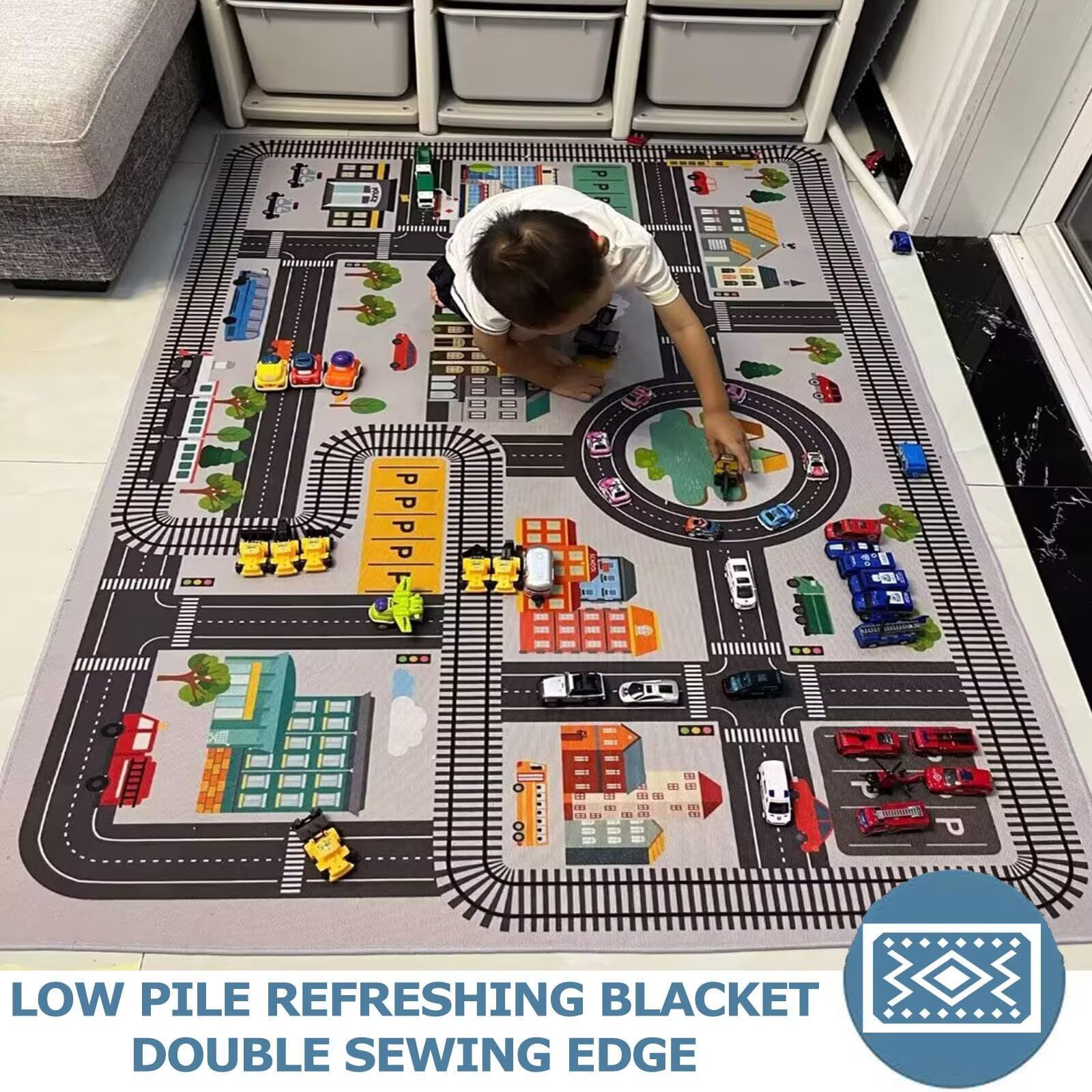 Mata do zabawy City Toy Activity Playmat Road, Mata do zabawy dla samochodzików i pociągów z widokiem na miasto, antypoślizgowy spód, różne rozmiary(Grey,62.9in*90.5in)