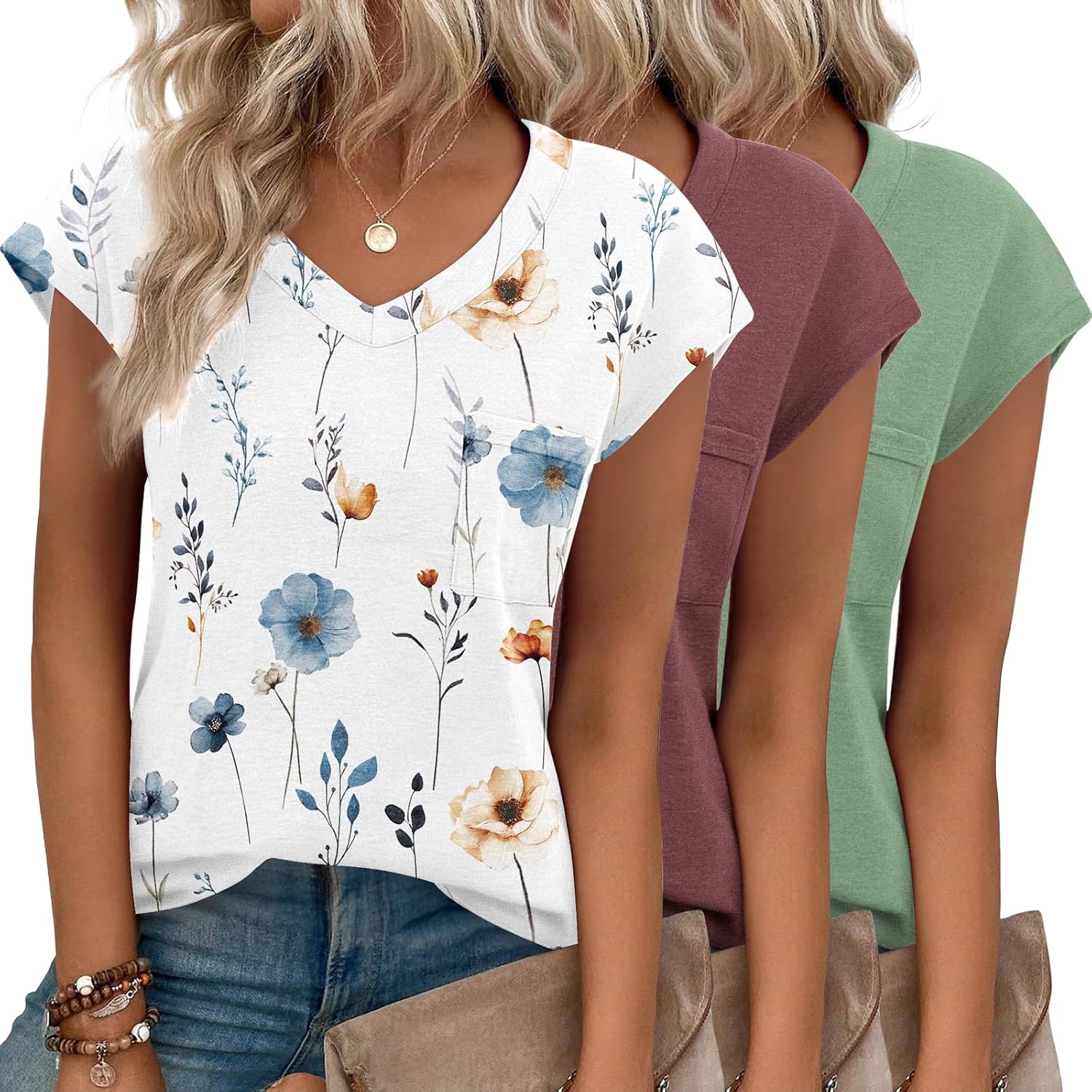 Zeagoo Womens 3 Pack Cap Sleeve T Shirts V Neck Basic Tees Tops with Pocket Fashion Trendy Casual Summer Outfits Clothes 2025