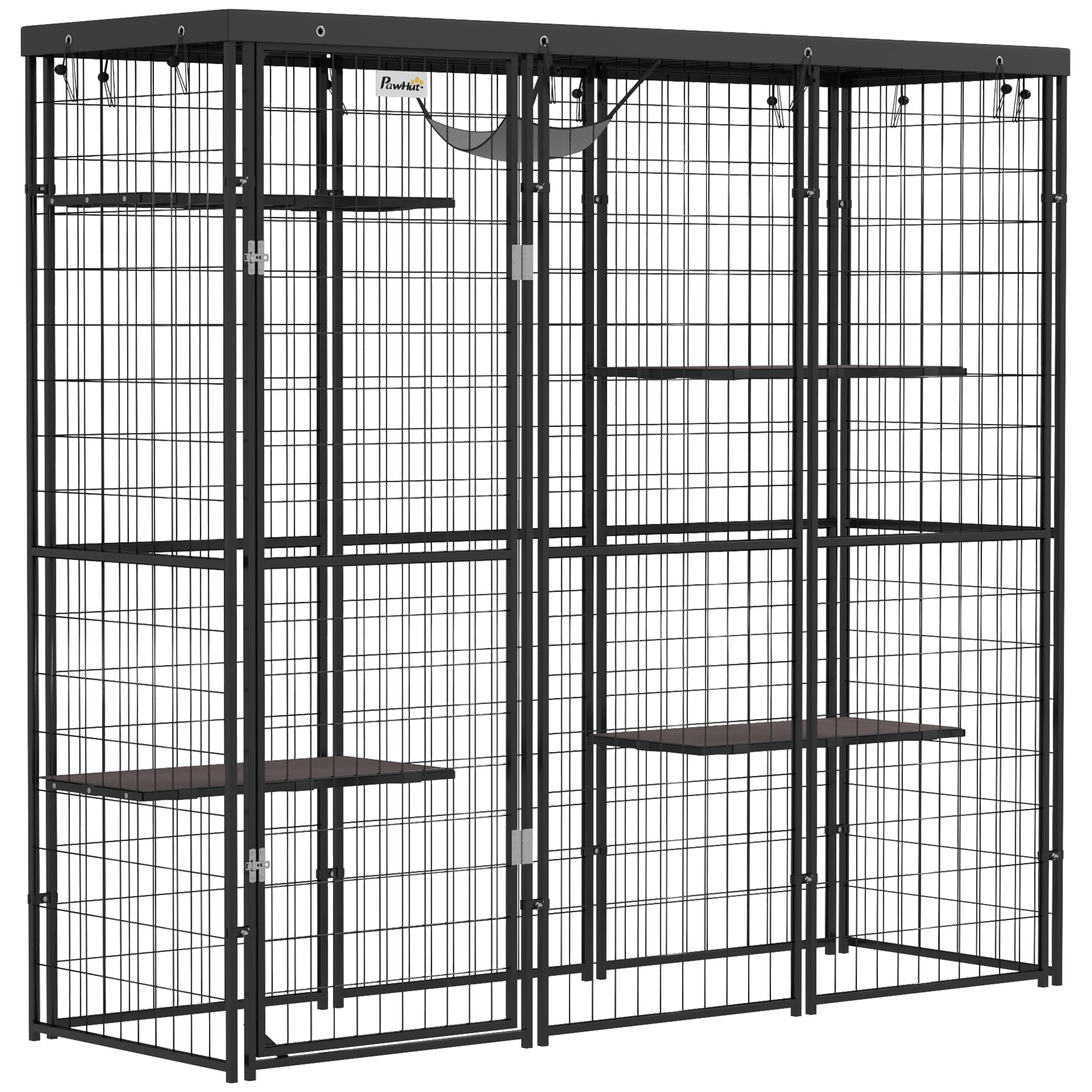 PawHut Catio Outdoor Cat Enclosure, Weld Wire Outdoor Cat House with Waterproof Cover, 4 Jumping Platforms, Hammock, Cat Cage Indoor for 1-3 Kittens, 69" x 22" x 62", Black