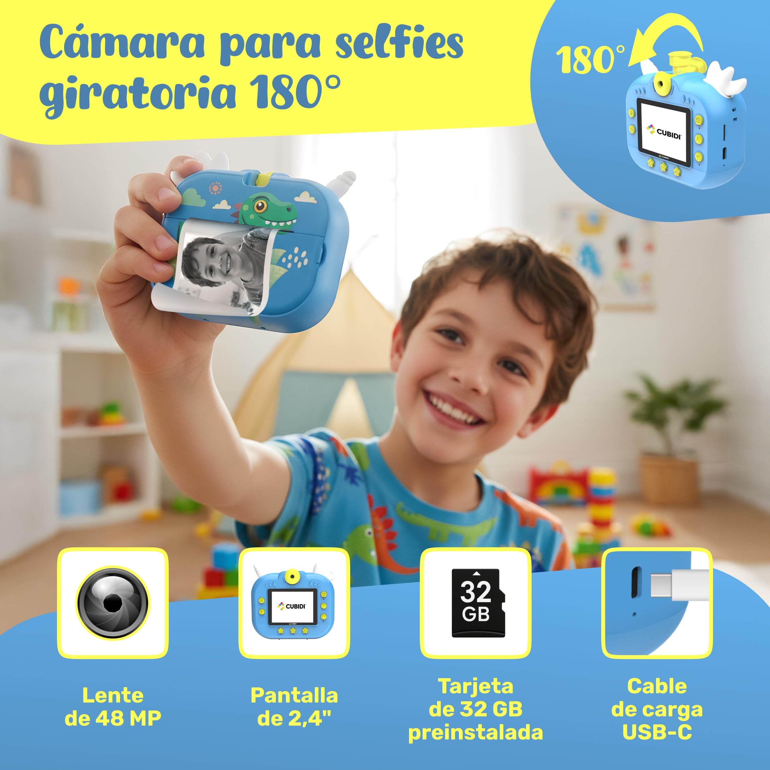 CUBIDI Cámara Instantánea Para Niños Con Impresión Térmica, Lente 180° Y 32 GB Para Edades 3-12 Años (Dinosaurio Azul)