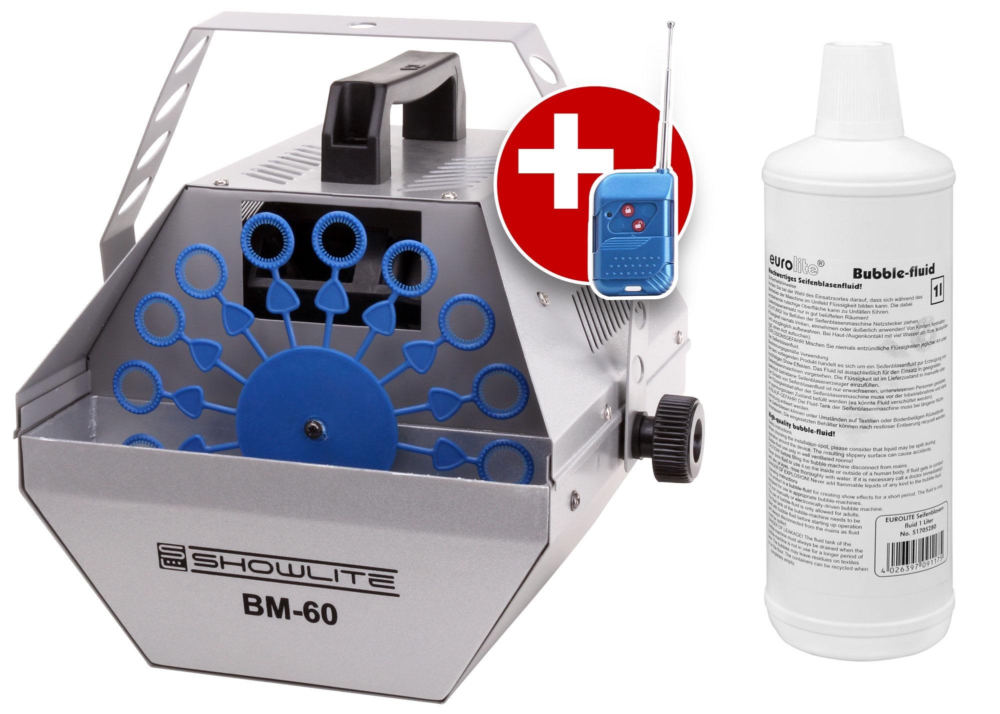 Showlite BM-60 Seifenblasenmaschine 60W mit Funk Fernbedienung und 1L Eurolite Fluid (0,6l Tank, 2-3 Stunden Laufzeit bei vollem Tank, Party Effekt, Disco Bubbles) silber