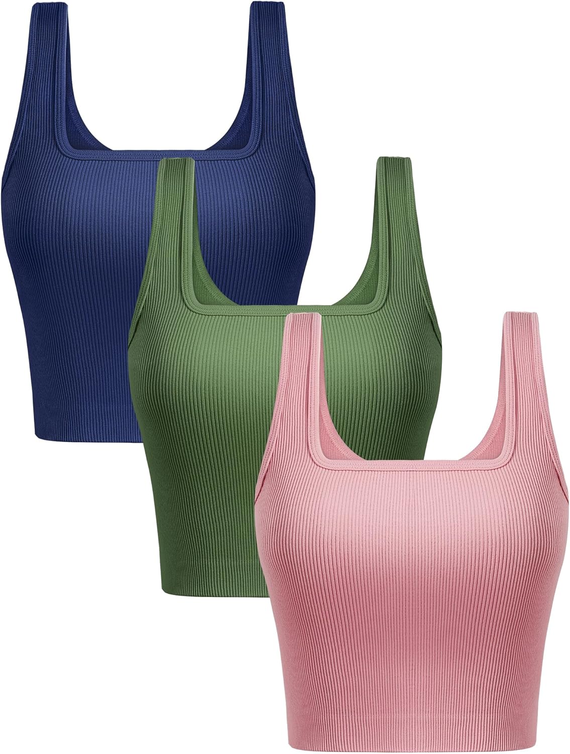 CINGUE Crop Tops for Women Workout Cropped Tank Top Seamless Ribbed Square Neck Crop Top Yoga Exercise Shirts 3 Pack