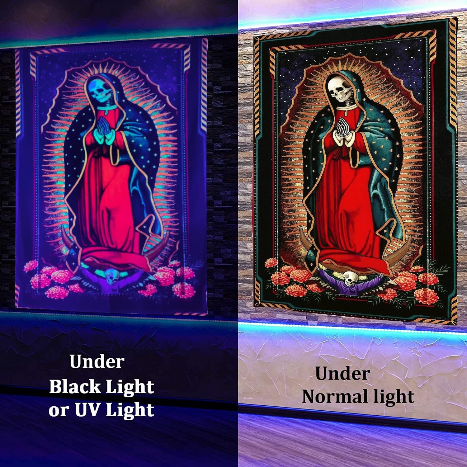 Blacklight Wizard Skull Tapestry 60x80in UV Reactive Wall Art for Bedroom, Living Room, Dormitory