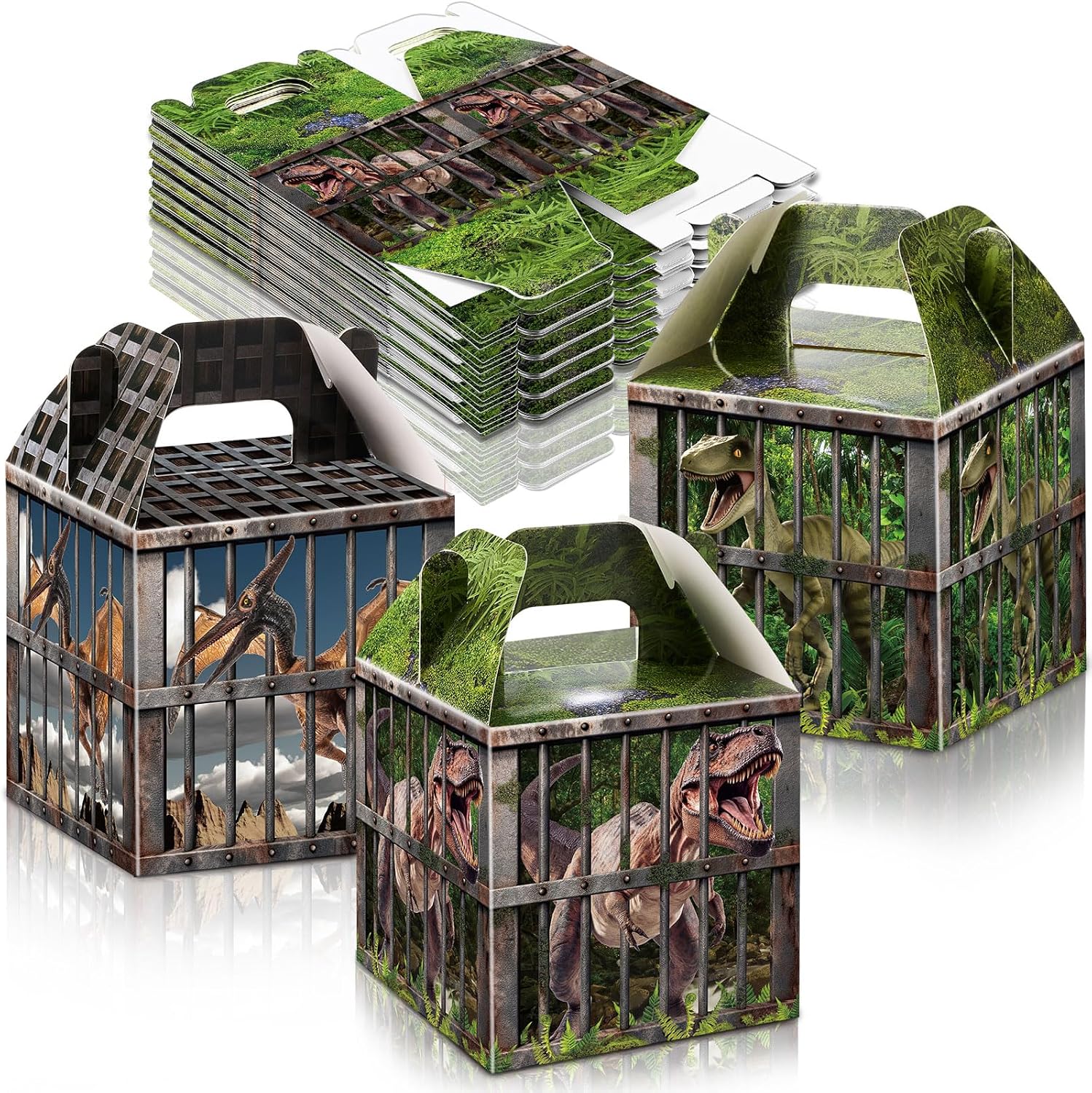 DoubleFill 48 Pcs Dinosaur Party Supplies Treat Boxes Dino Party Favor Boxes Tropical Jungle Dinosaur Gift Box Table Centerpieces Photography Props Decorations for Birthday Halloween Christmas