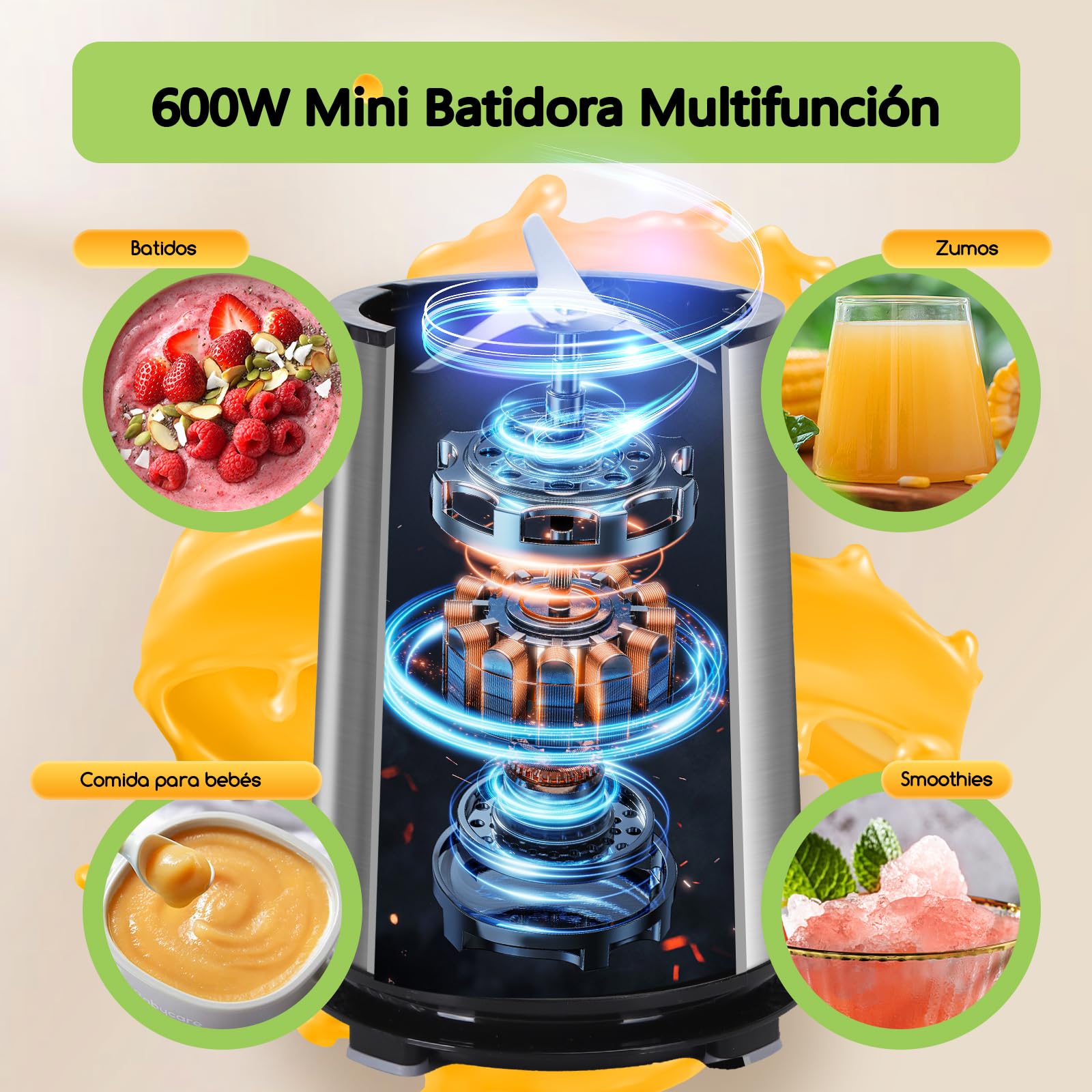 Aigostar Batidora de vaso con dos vasos portátiles de 800ml, 600W potencia. Batidora con vasos de Tritán, libres de BPA, con diseño de acero inoxidable. Perfecta para zumos, batidos y smoothies.