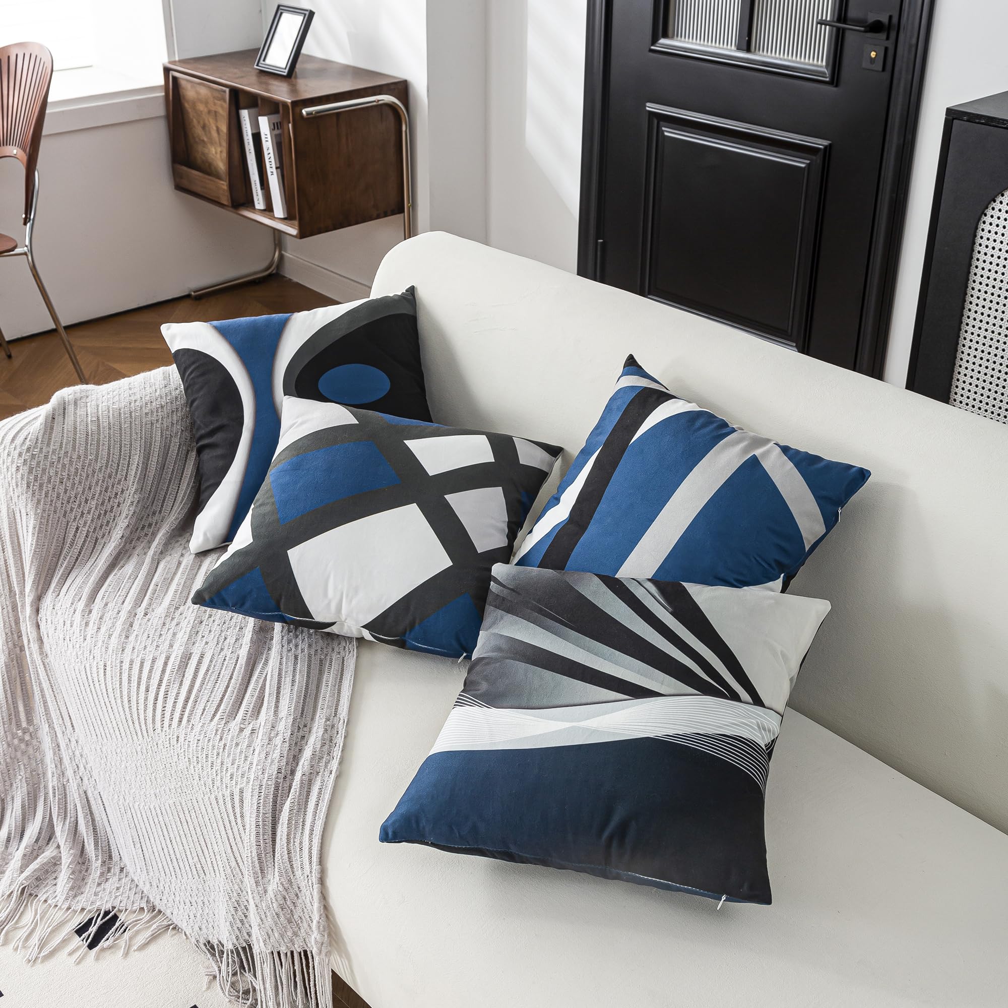 ZHILING Set of 4 Cushion Covers 45x45cm Abstract Dark Blue Black Grey Stripes Bold design Pillow Cases Home Decor Square cushion covers 18x18 Inches - Image 3