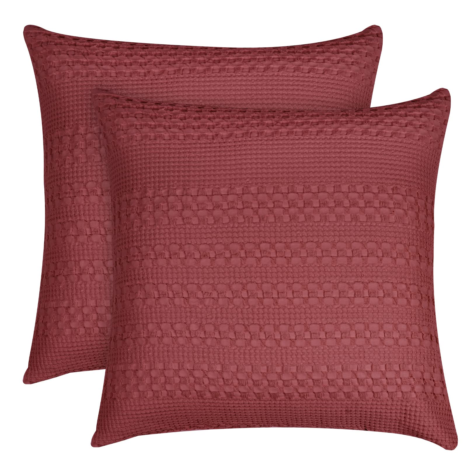 PHF 100% Cotton Waffle Weave Euro Shams 26" x 26", 2 Pack Elegant Home Decorative Euro Throw Pillow Covers for Bed Couch Sofa, Wine Red