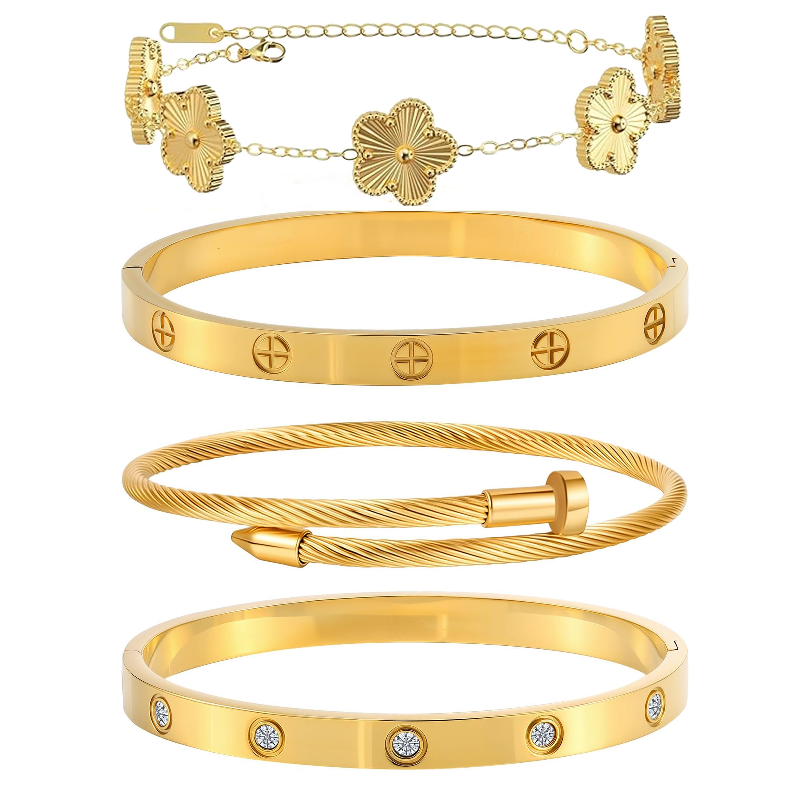 Womens Stackable Floral Gold Bracelets 4Pcs