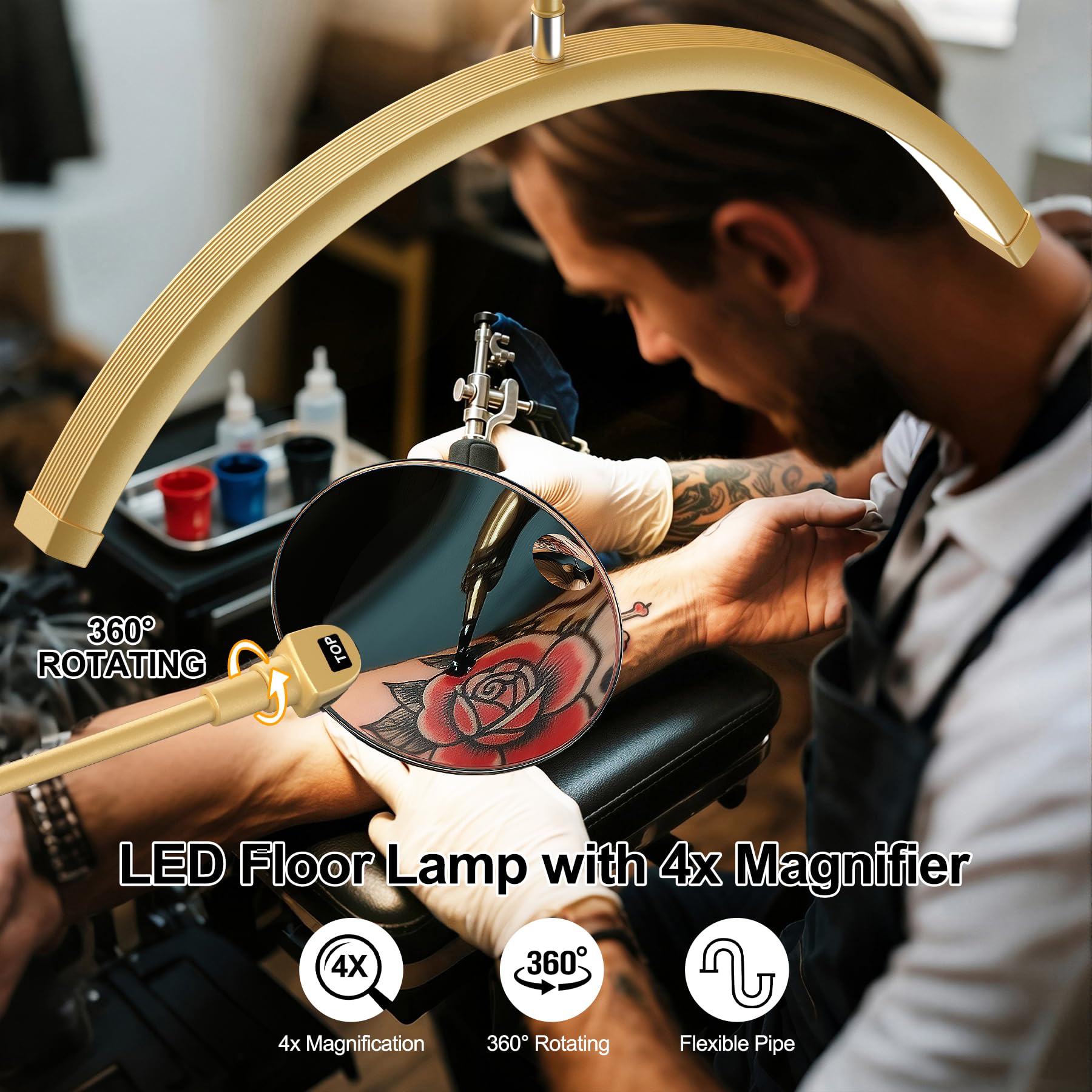 AURELLE Halbmond-Wimpern-Licht – verstellbare LED-Boden-Lampe mit 4-facher Lupe und Handy-Halterung für Wimpernverlängerungen, Nagelkunst, Tattoos, Hautpflege, Salon, SPA, dimmbare Helligkeit