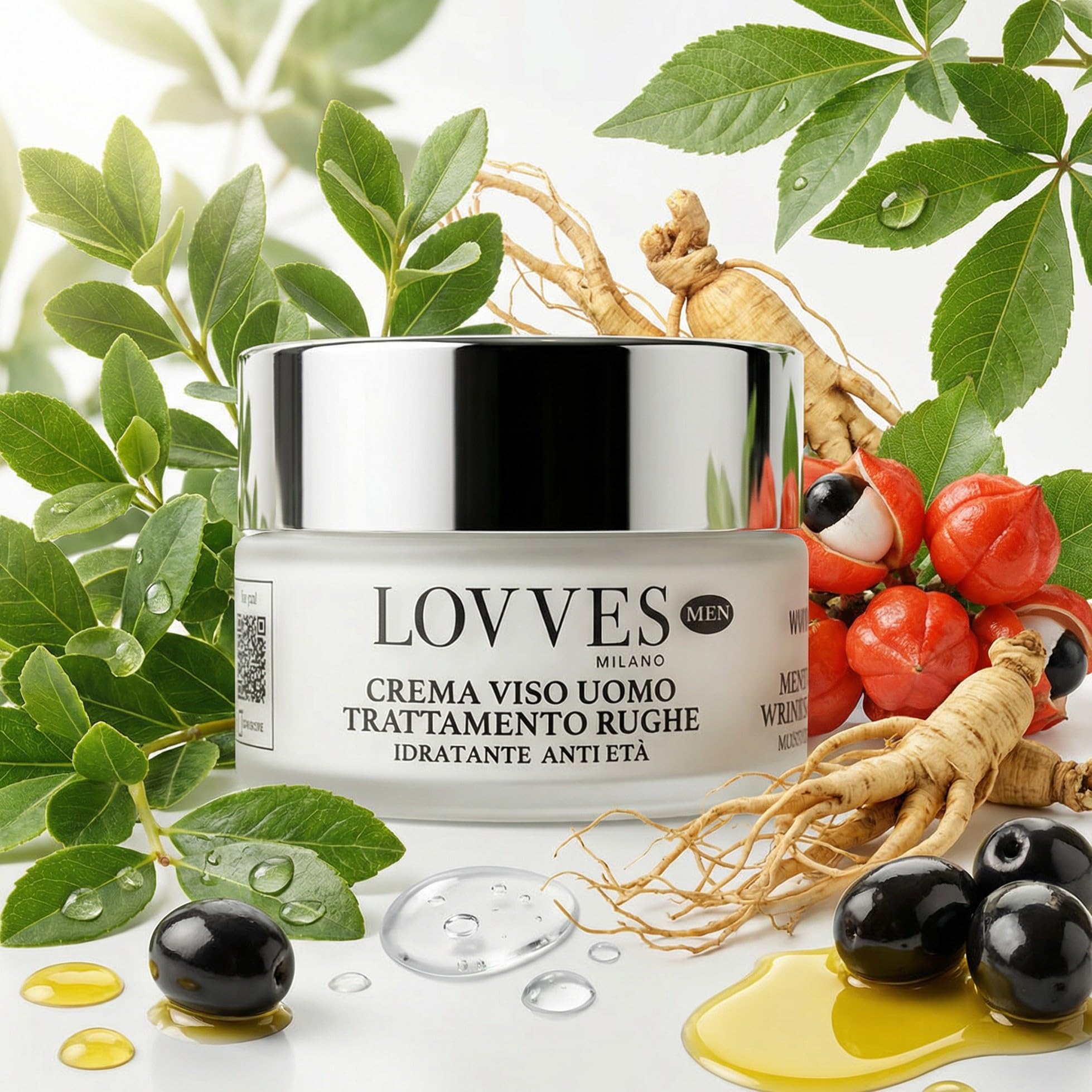 LOVVES Crema Facial Antiarrugas Hombre, Alta Cosmética Natural, Hidratante, Acción Antioxidante, Energiza la Piel y Aumenta su Firmeza, Formato Tarro de Cristal 50 ml