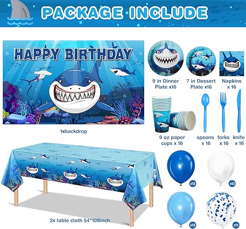 Miniatura 2 de Yaomiao 165 piezas de decoración de fiesta de cumpleaños de tiburón con platos de cumpleaños temáticos de fiesta de tiburón, servilletas, vasos,