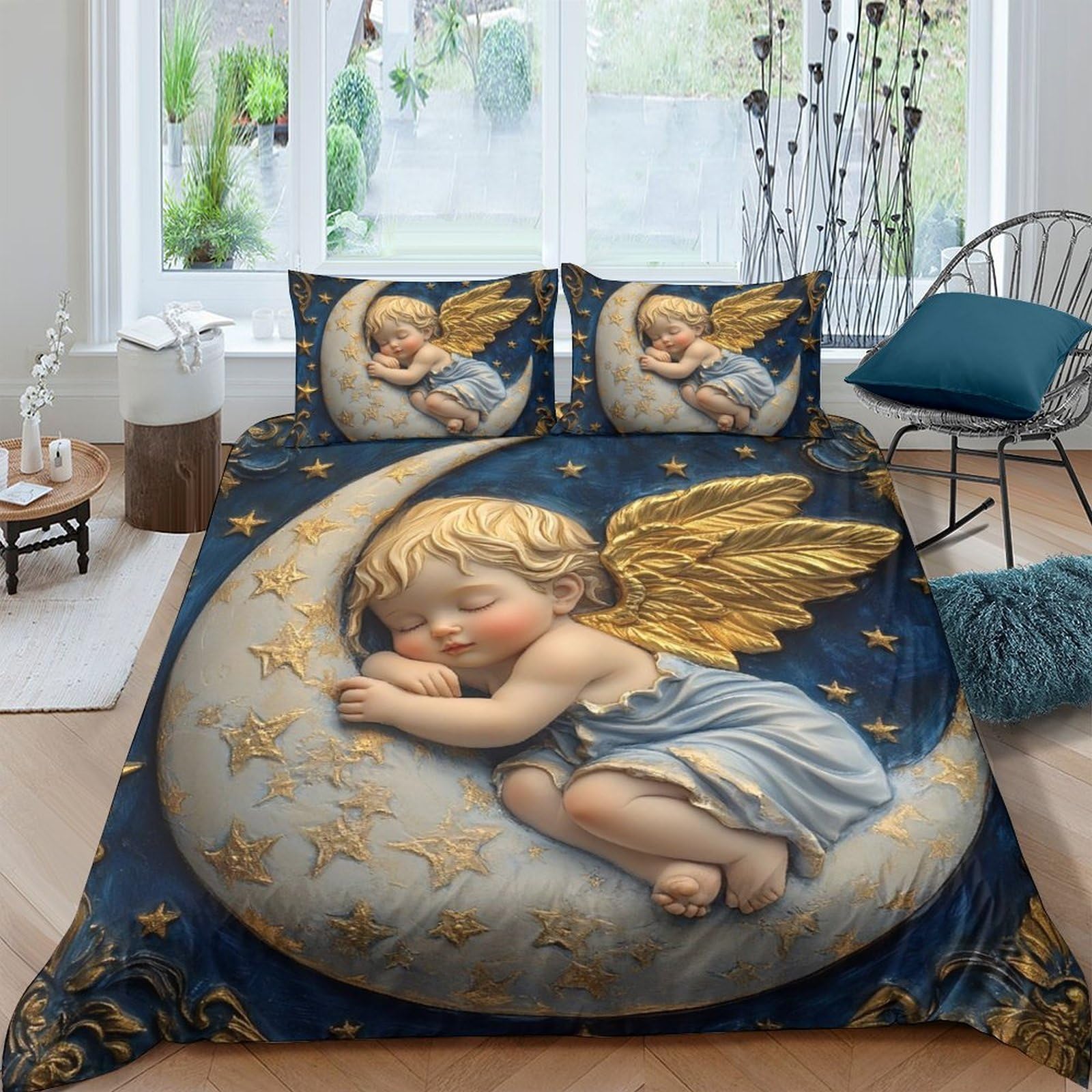 Ctjqhvkz Style-10 3D Printed Sleeping Angel Fitted Sheet Microfiber Soft Blue Gold Moon Mattress Cover For Bedroom Dorm Room Decor Single（135X200cm）