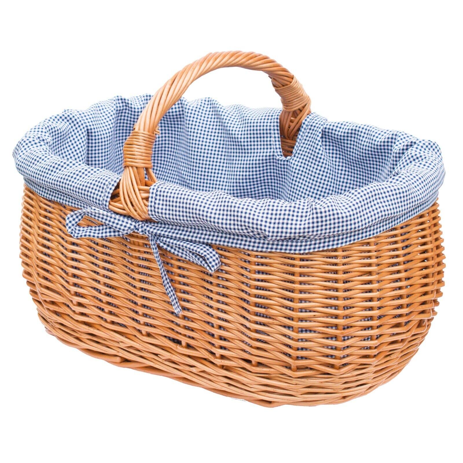 YULKA Einkaufskorb aus Weide mit Stoffeinlage blau Pepita, stabiler Henkel, handgeflochten oval, herausnehmbares Futter, ideal für Markt & Shopping