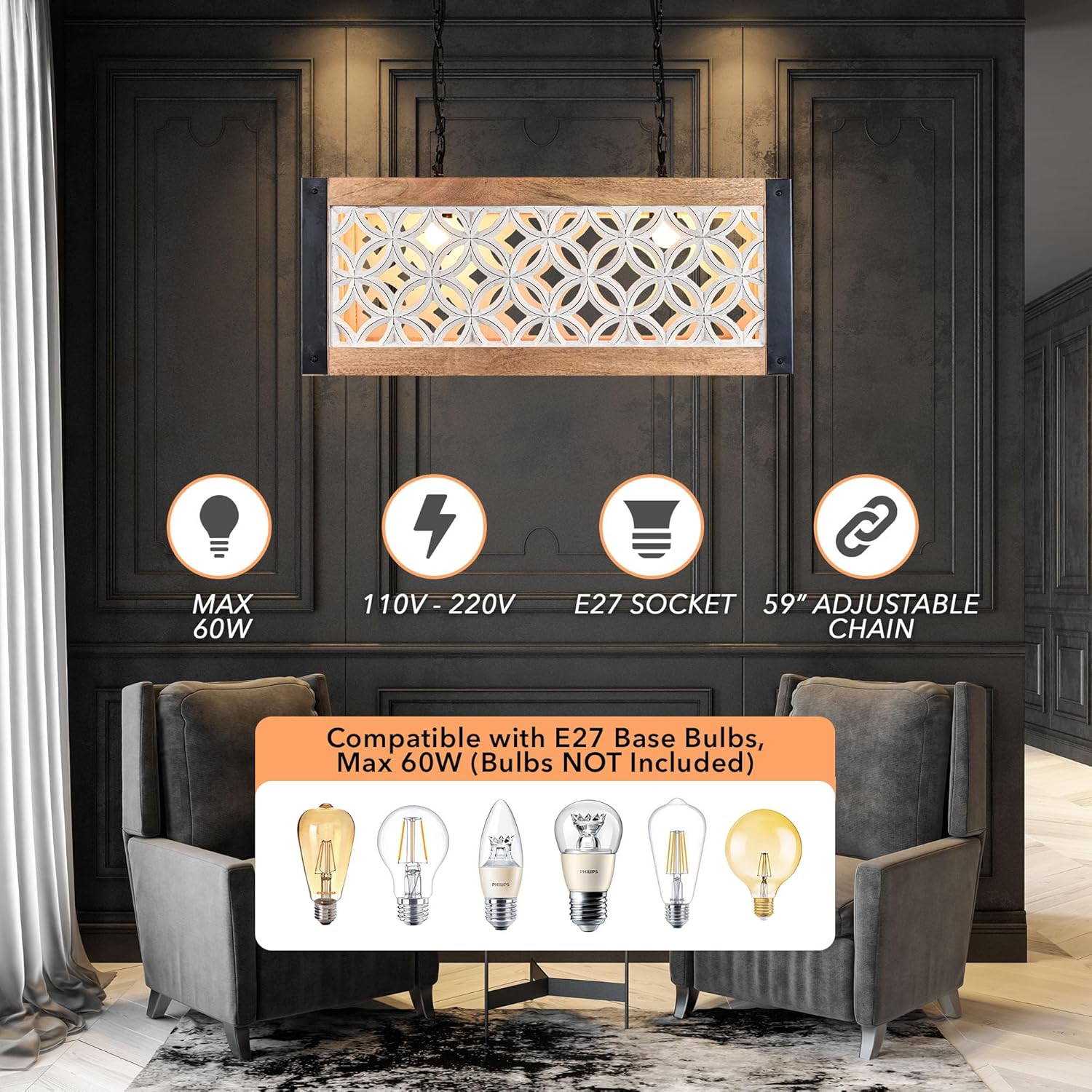 Autumn Alley Cottage Chic Farmhouse Chandelier, Farmhouse Kitchen Light Fixtures, French Country Wooden Chandeliers for Dining Room, Hanging Pendant Light for Kitchen Island, Cafe Bar, Hallway