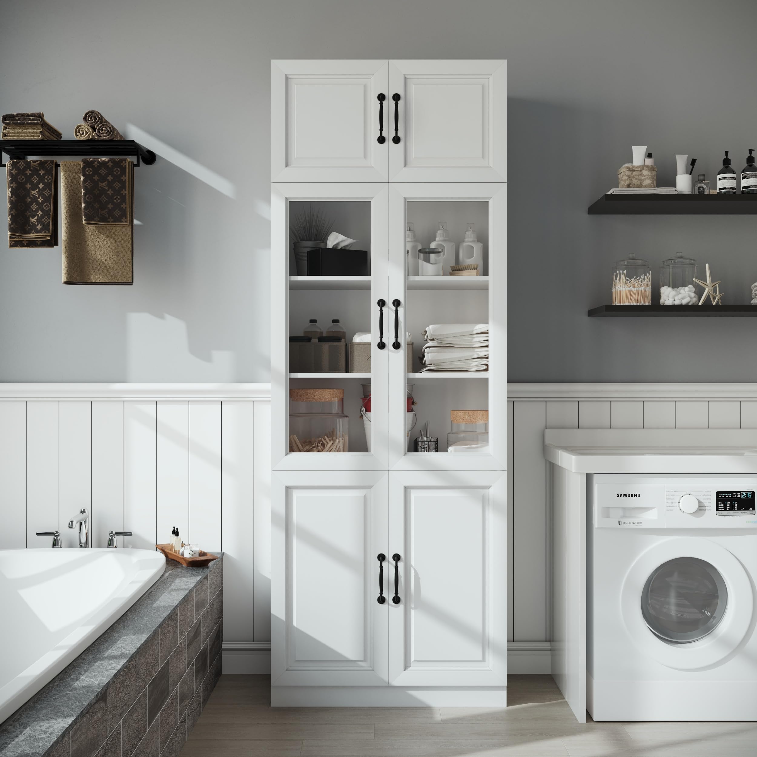 Bobve 86.6" H Extra Tall Narrow Storage Cabinet, Tall Bathroom Cabinet with Glass Door and Shelves, 5-Tier Free-Standing Cube for Bathroom, Living Room, Kitchen, Big Compartment (INCOMPLETE ONLY BOX A) 