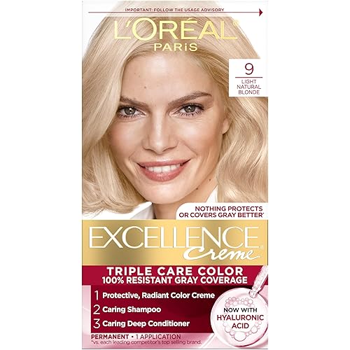 L'Oreal Paris Excellence Crème Permanent Hair Dye, Triple Care Hair Color with Hyaluronic Acid for 100% Gray Coverage, 9 Light Natural Blonde, 1 Kit (Packaging May Vary)