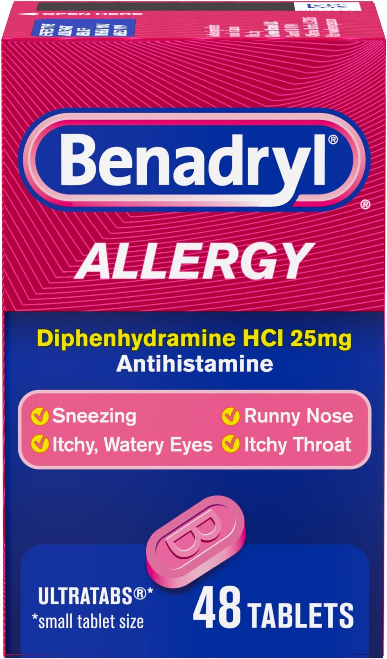 Ultratabs Allergy Relief Medicine, 25 mg Diphenhydramine HCl Antihistamine Tablets for Relief of Cold & Allergy Symptoms Like Sneezing, Runny Nose, & Itchy Eyes & Throat, 48 ct