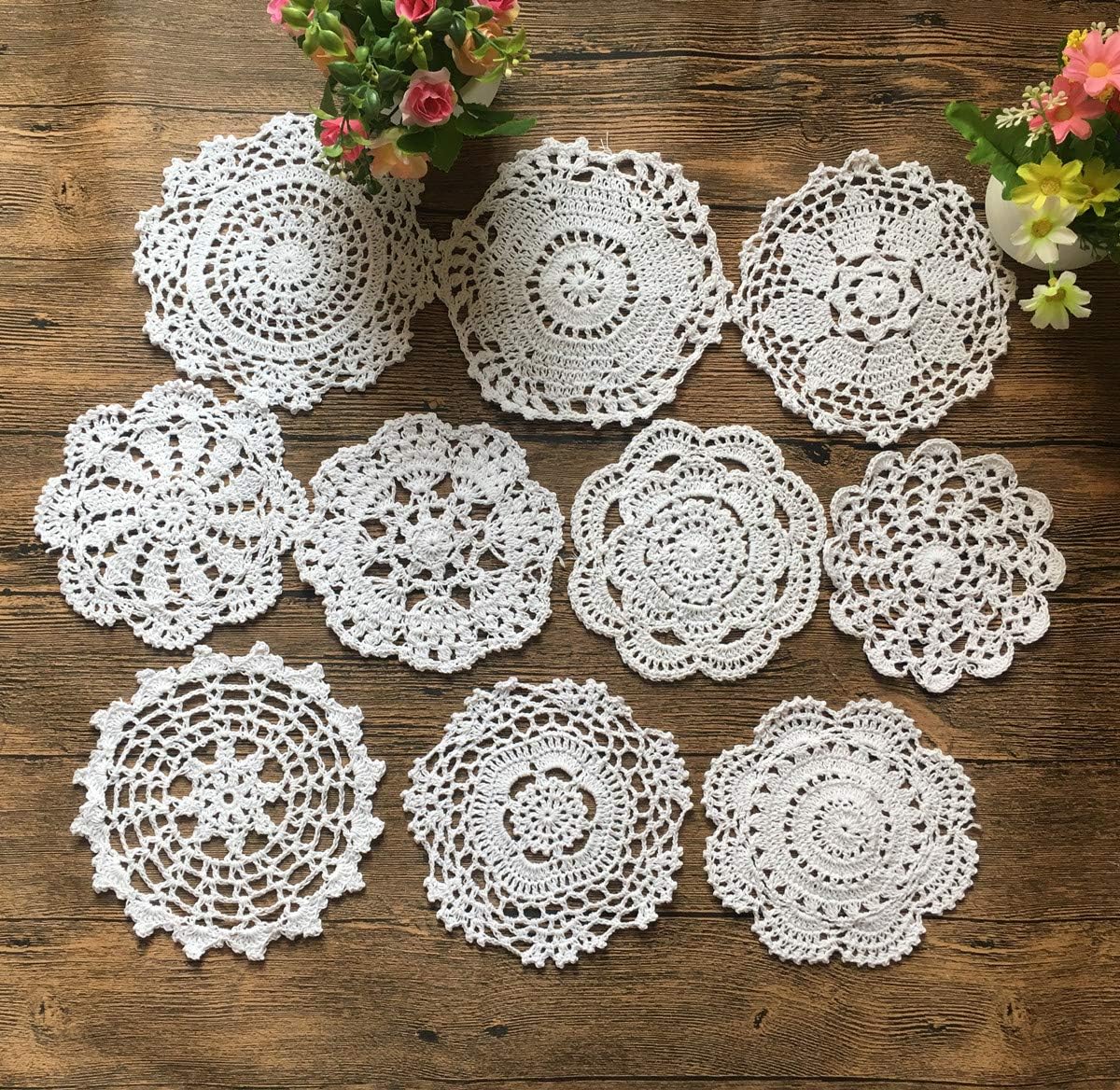 Get Cheap Price MINDPLUS Set of 10 Cotton Hand Crochet Doilies Lace White 6-7 Inches Round Crocheted Placemats Vintage Wedding Tea Party