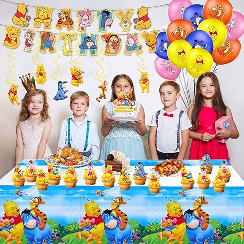 Miniatura 6 de Suministros de fiesta de oso de dibujos animados, bonitas decoraciones de fiesta de oso incluyen pancarta de cumpleaños, manteles, remolinos,