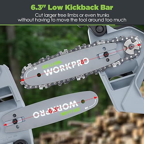 Vista 5 de WORKPRO Mini motosierra, motosierra compacta sin escobillas de 6.3 pulgadas con batería de 4.0 Ah, sierra de madera portátil de 20 V con una sola