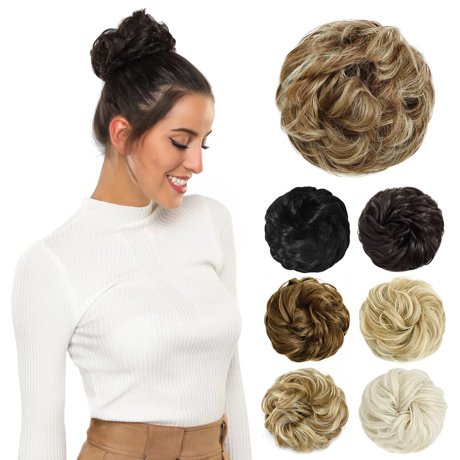 PARXITN Dutt Haarteil mit Gummiband Gelockt für Messy Bun Pferdeschwanz Haarverlängerung als Haargummi mit Haaren für Hochsteckfrisuren Damen 45g Hellbraun gemischt Natürliches Blond