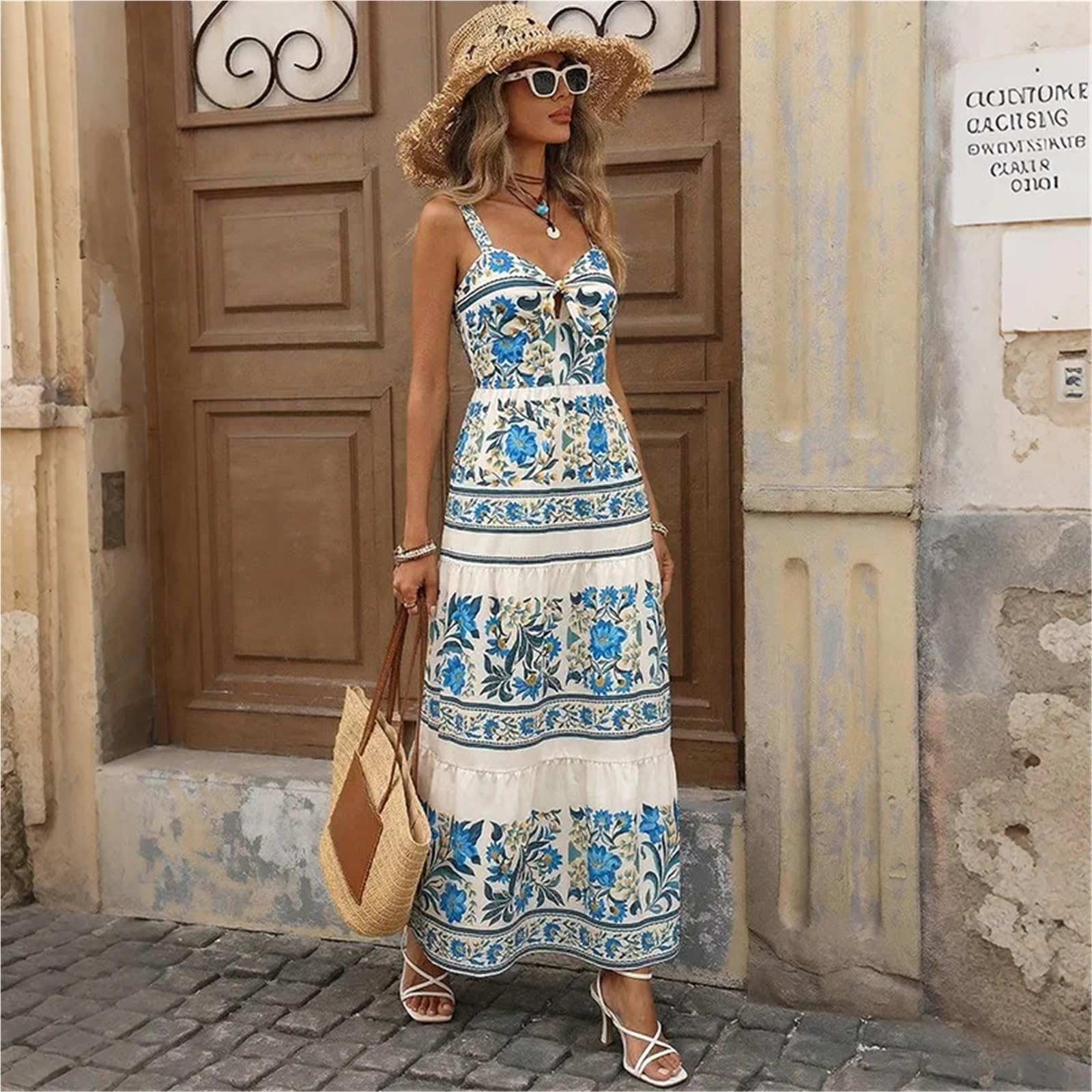 Vestido de Playa Verano Estilo Bohemio Halter Estampado étnico Largo Mujer Adecuado for Vacaciones